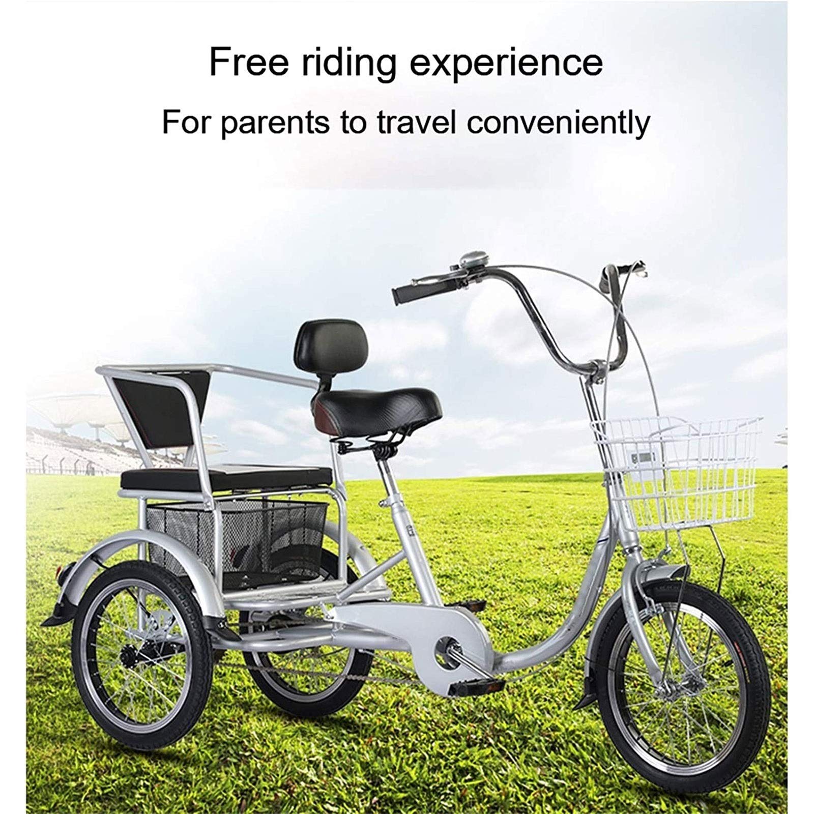 シルバー 三輪車 2バスケット ハンドブレーキ Amazon | 大人用三輪三輪車 バスケット付き 3輪バイク 16インチ 大人