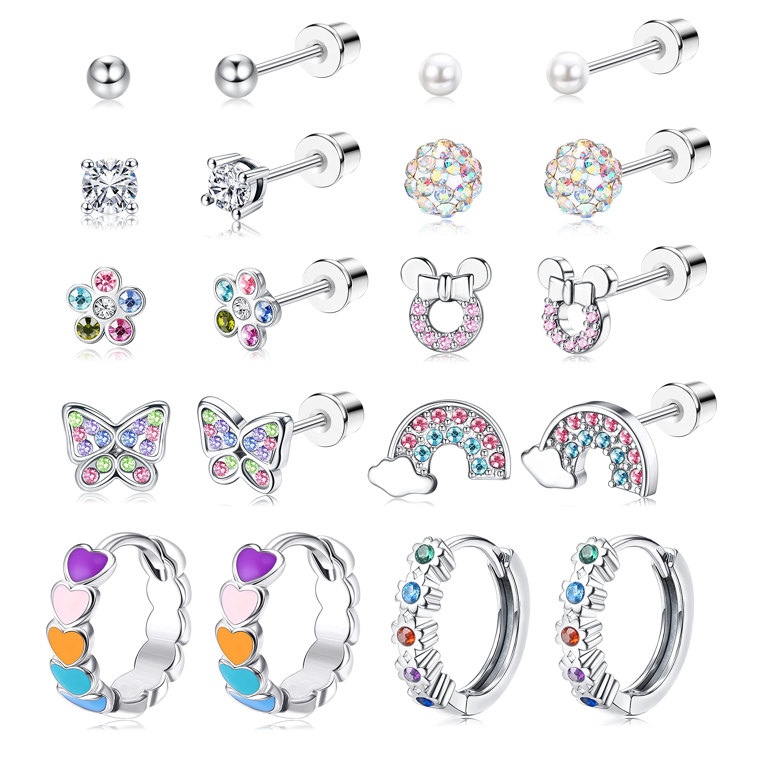 THUNARAZ10 Pairs Hypoallergenic Screwback Earrings for Women 316L Stainless Steel CZ Heart Hoop Earrings Cute Flower Butterfly Screw Back Stud Earrings Set 20G