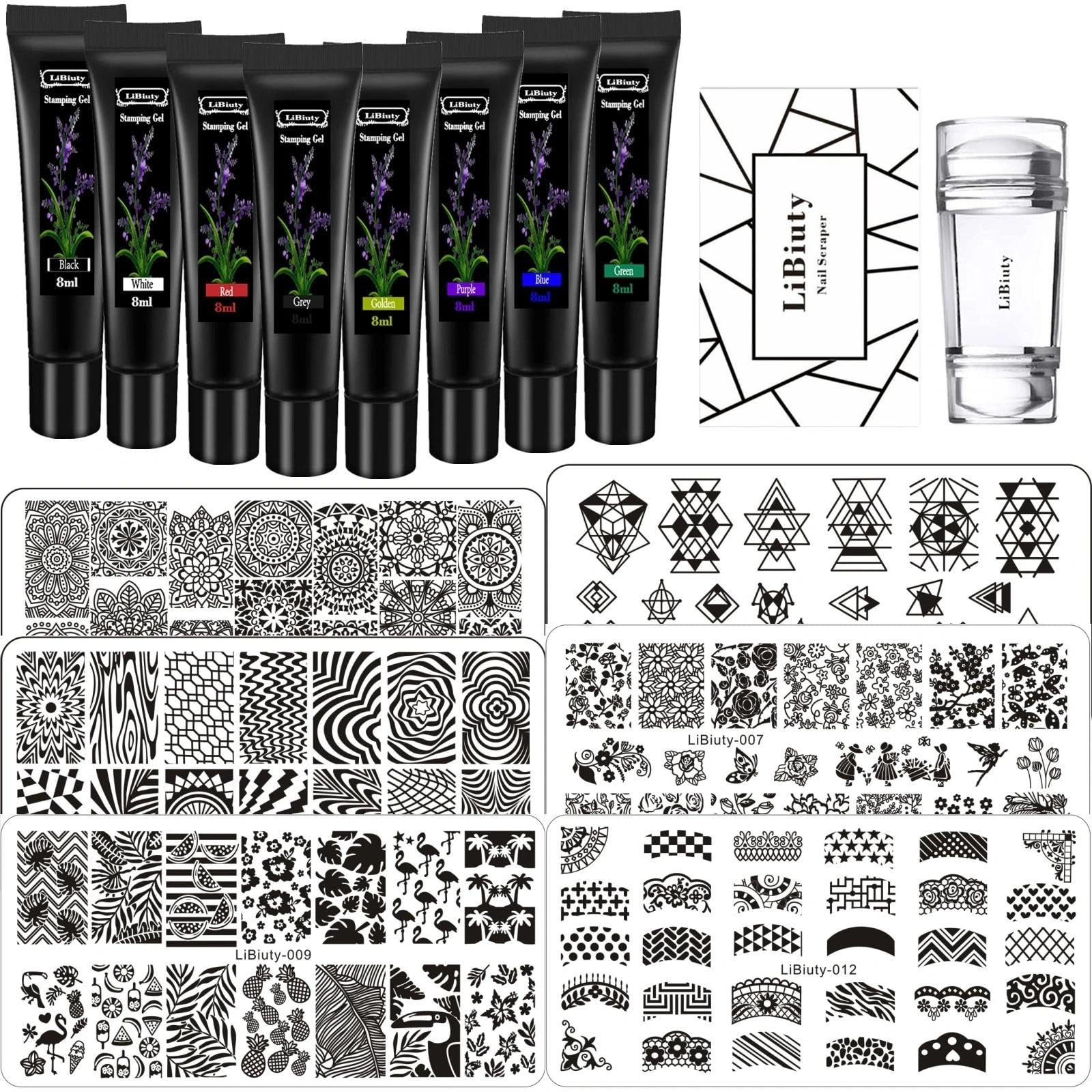 Kit di timbri per unghie, 6 pezzi, piastre geometriche in pizzo con fiori francesi, stencil per unghie con raschietto per timbri per casa, salone, manicure, accessori di design