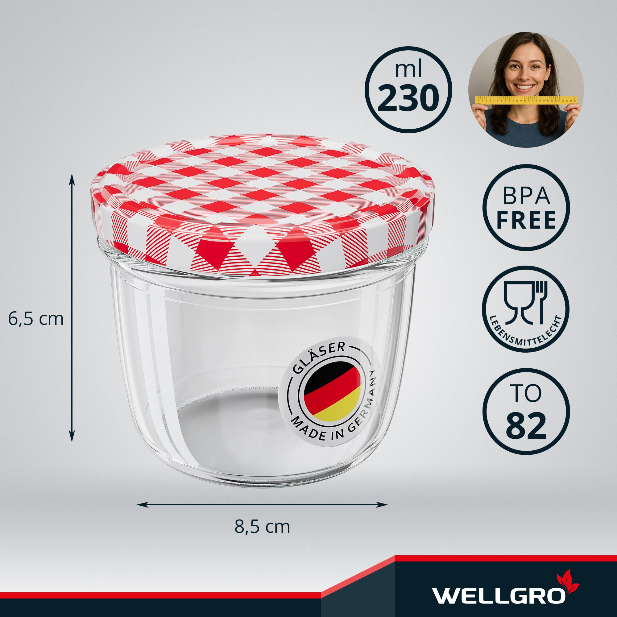 WELLGRO 50x Einmachgläser 230ml – Schraubdeckel TO82 rot kariert – Made in Germany – Vorratsgläser, Marmeladengläser, Aufbewahrungsgläser & Gärgläser