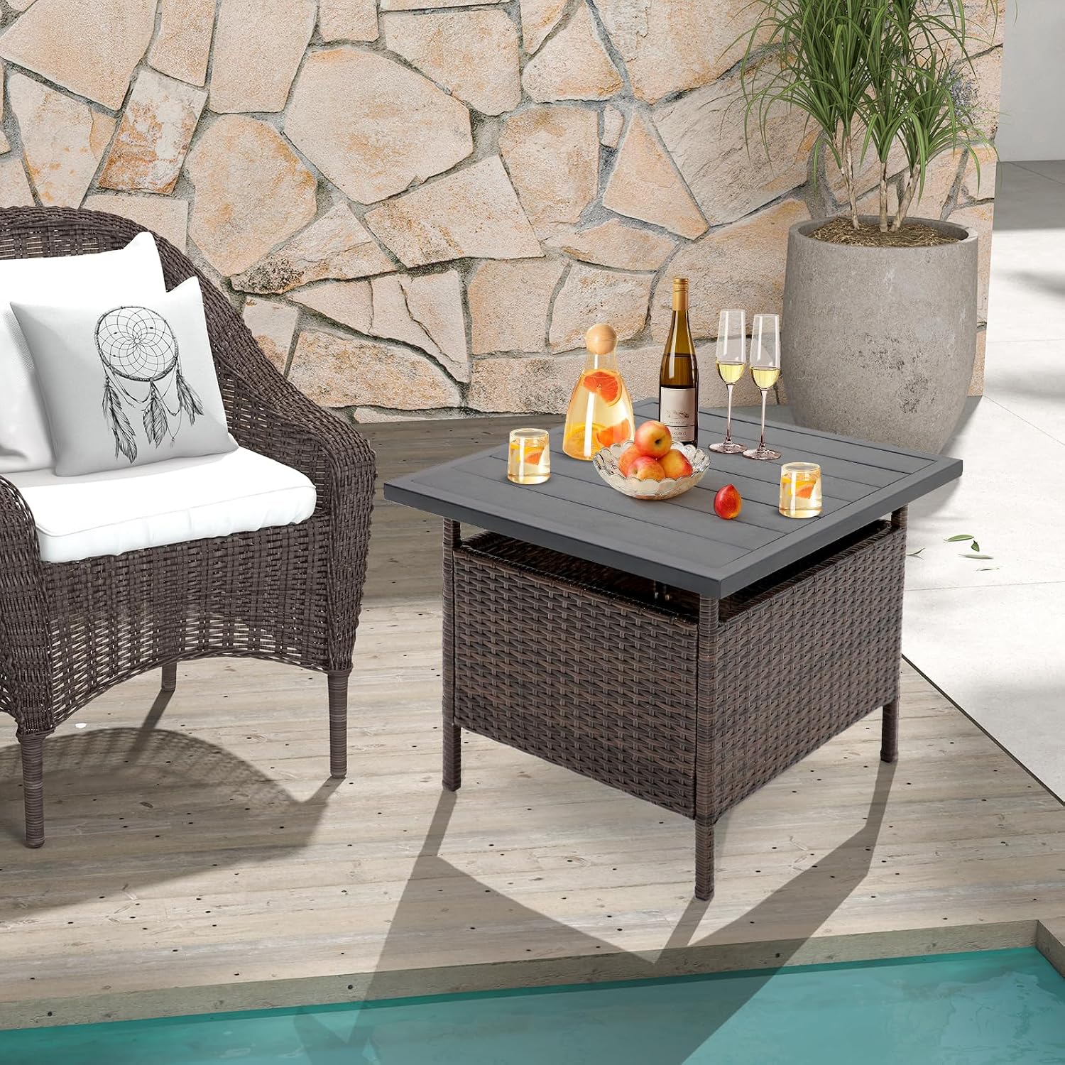 HAPPYGRILL Patio Umbrella Table Stand Rattan Outdoor Side Table with Umbrella Hole, PE Wicker Frame, for Patio Garden Deck Poolside