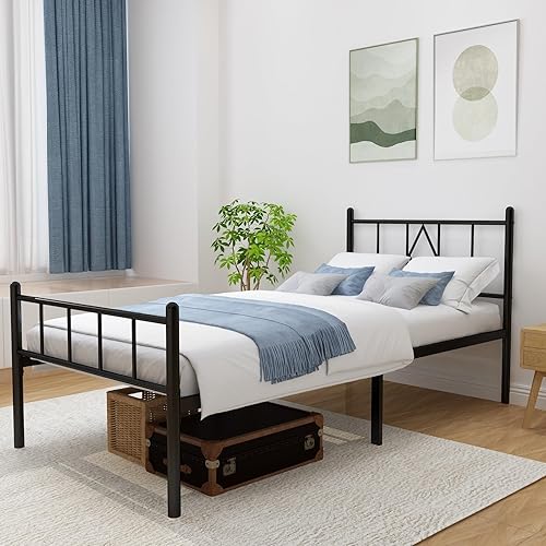 Miniatura 2 de Base de cama clásica de metal de 14 pulgadas de altura con cabecera, estribo, almacenamiento debajo de la cama, no necesita somier, soporte de