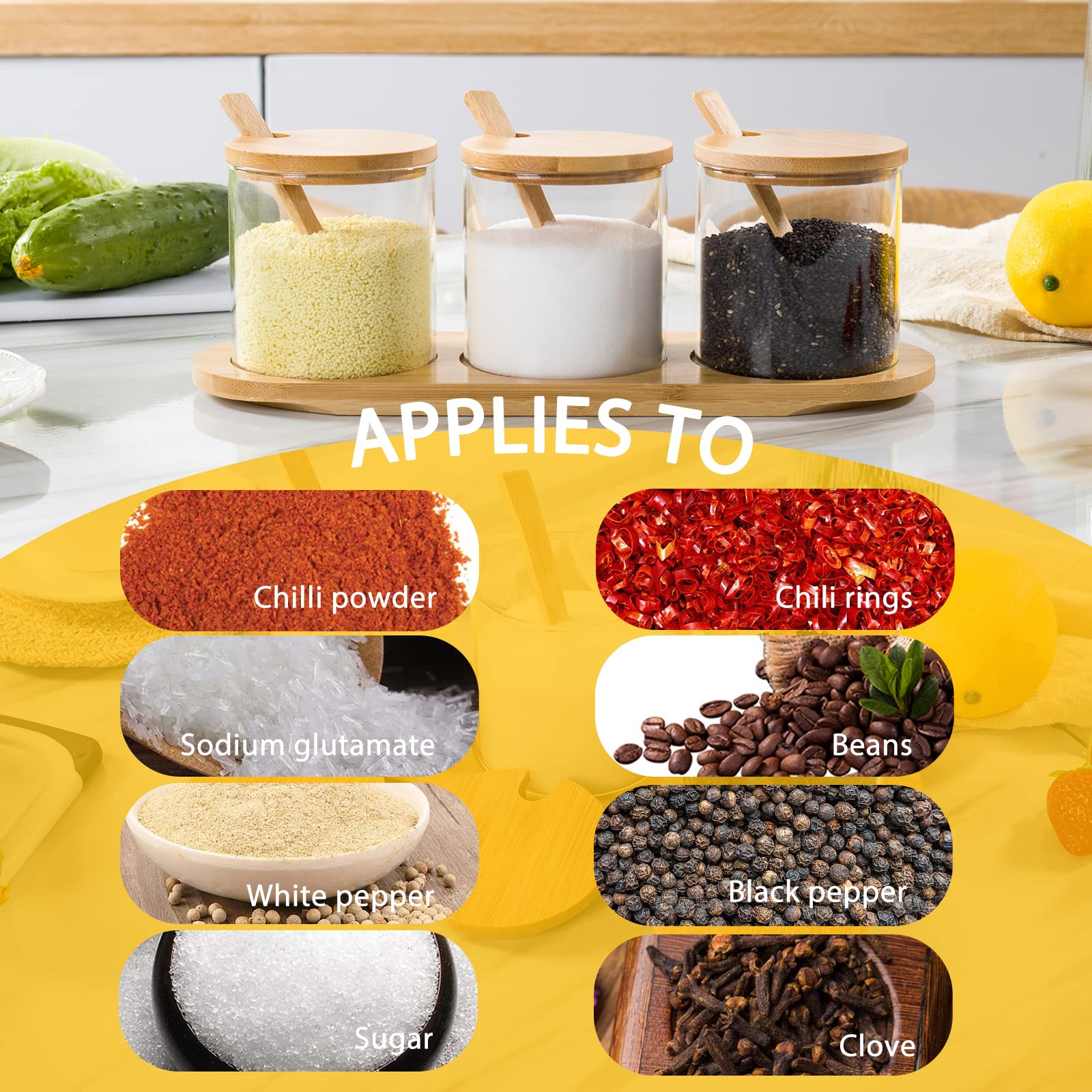 HONGCHU Seasoning Box,Condiment Pots,Glass Condiments Container Condiment Jars with Spoons Container for Spice Salt Sugar Cruet 3P