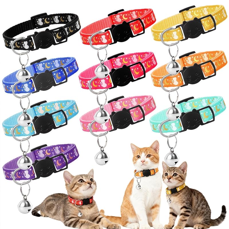 Coleira para Gatos Ajustável com Fecho Breakaway, Sino e Pingente de Estrela e Lua LUSTRIB, Pacote com 10