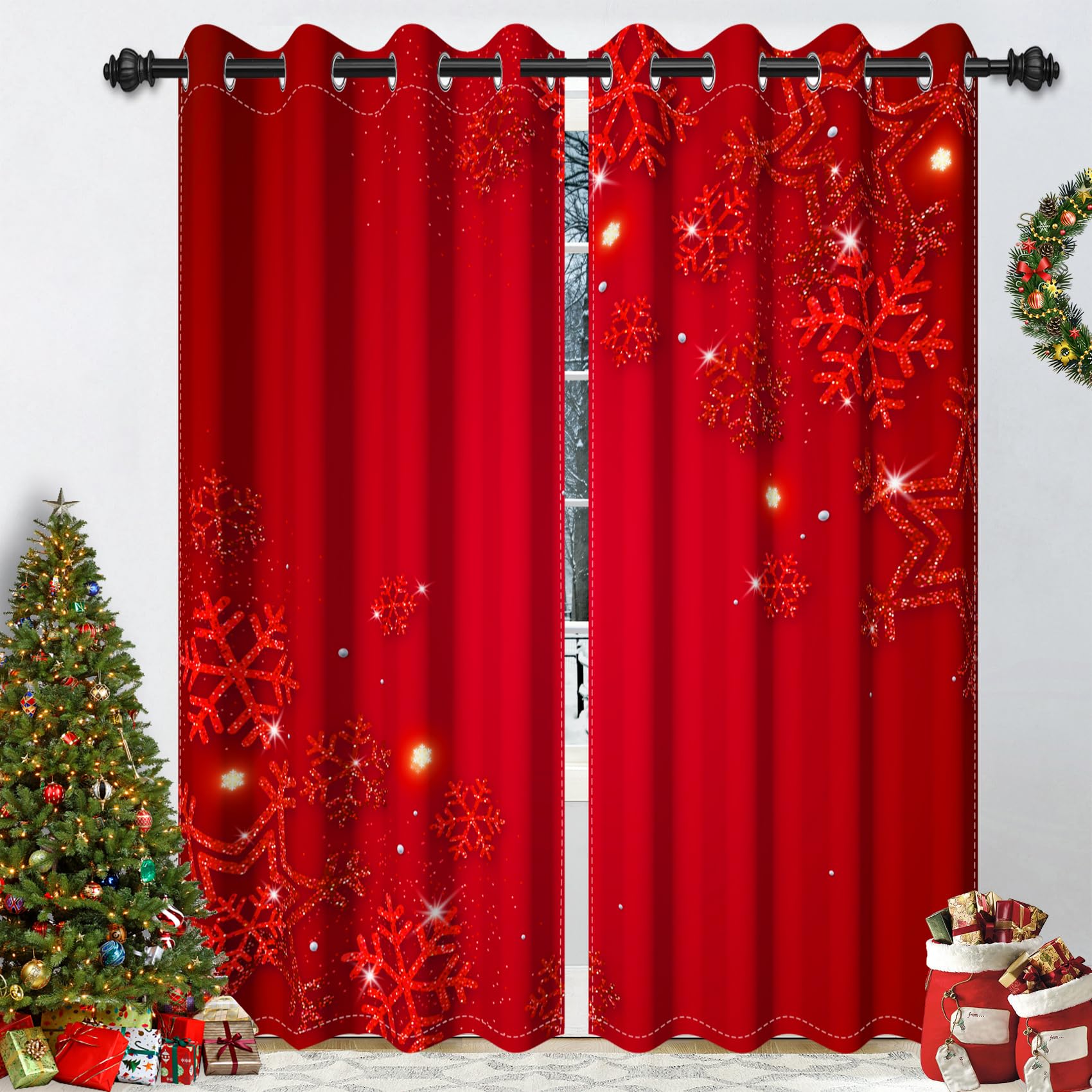 Tenda Da Doccia Natalizia GCTNBJL - 178x178 Cm - Foresta Di Pini Con Fiocchi Di Neve Dorati - Set Con Ganci - Rosso E Nero