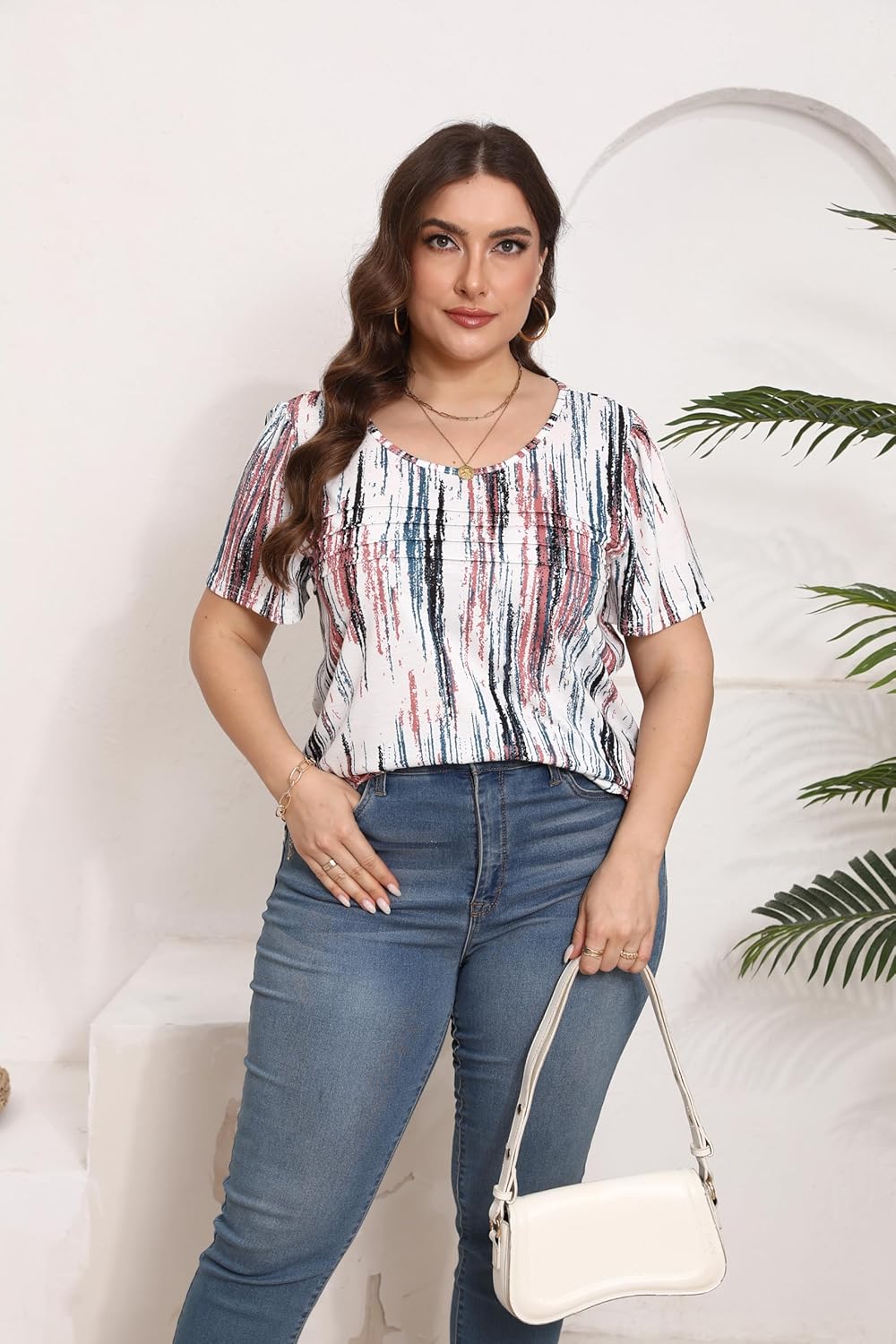 HBEYYTO Womens Plus Size Summer Tops Short Sleeve Pleated T Shirts Casual Scooped Neck Flowy Loose Floral Blouses 1X-5X - Image 8
