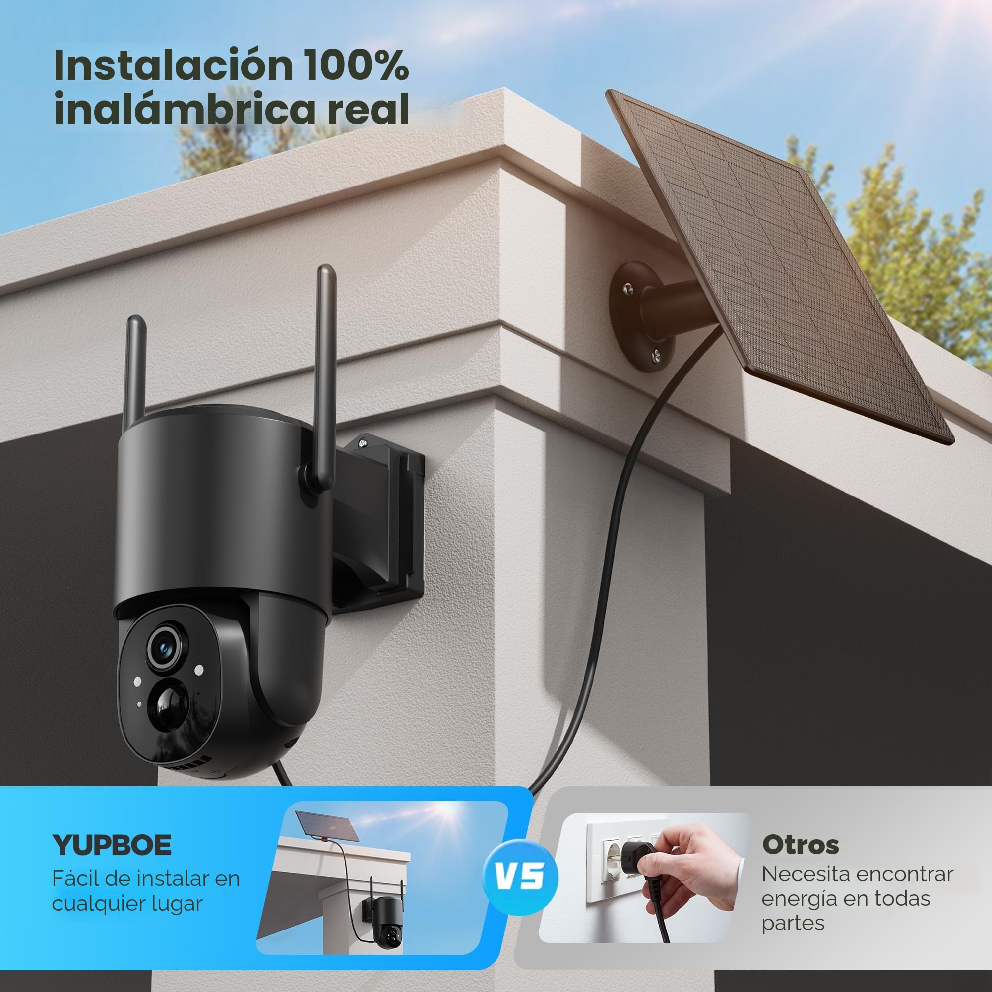 2Piezas Camara Vigilancia WiFi Exterior Solar: 2K Camaras de Vigilancia sin Cables 360° PTZ Cámara WiFi Exterior Batería Domicilio Cámaras de Seguridad Inalámbricas con Visión Nocturna Color Sirena