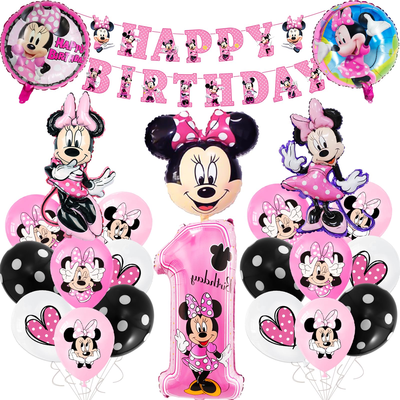 Minnie Birthday Decorations, 23Pcs Minnie Birthday Balloons with Happy Birthday Banner, 1st Party Decorations for Girls Happy Birthday Balloon