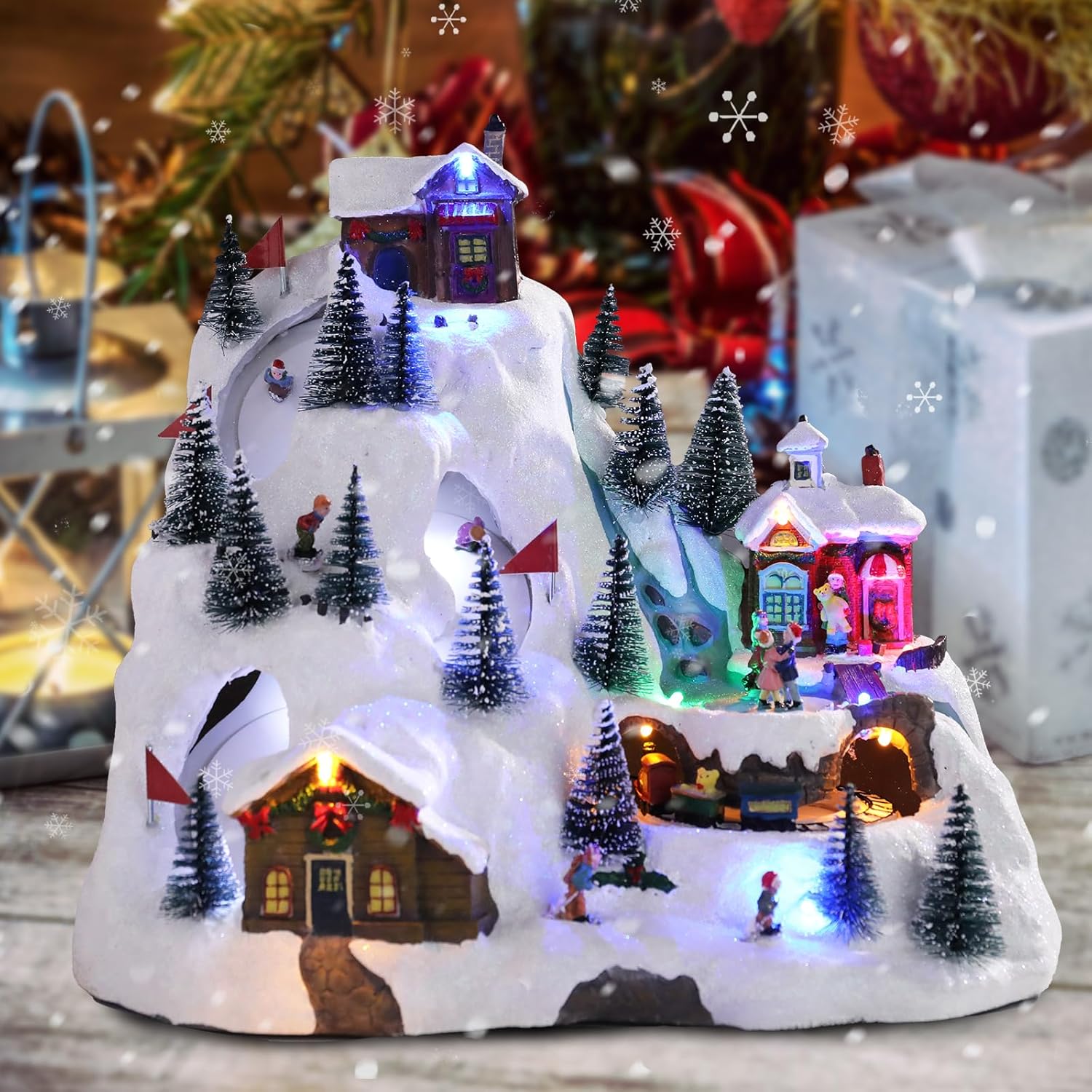 wonder garden christmas village - colorful music village figurines with rotating railway train, skiing, led lights for home decor or gift train skiing