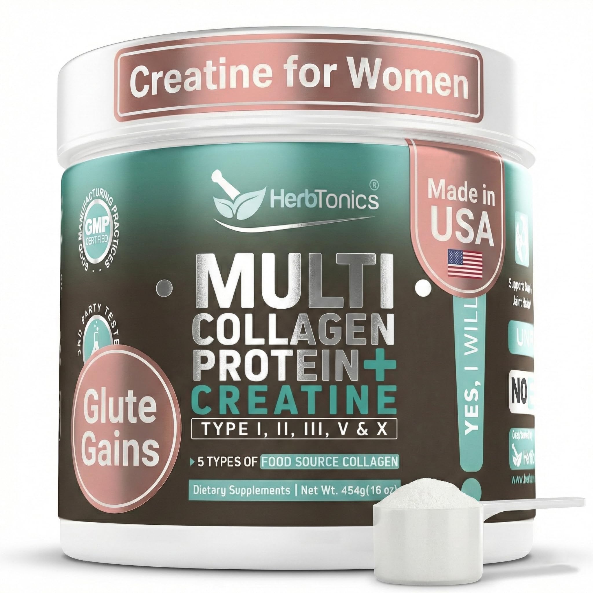 Herbtonics Creatine Monohydrate + Multi Collagen Protein Powder, 10g Per Serving | Grass-Fed Hydrolyzed Collagen Peptides (Type 1, 2, 3, 5, 10) for Lean Muscle Growth, Recovery and Energy | Unflavored