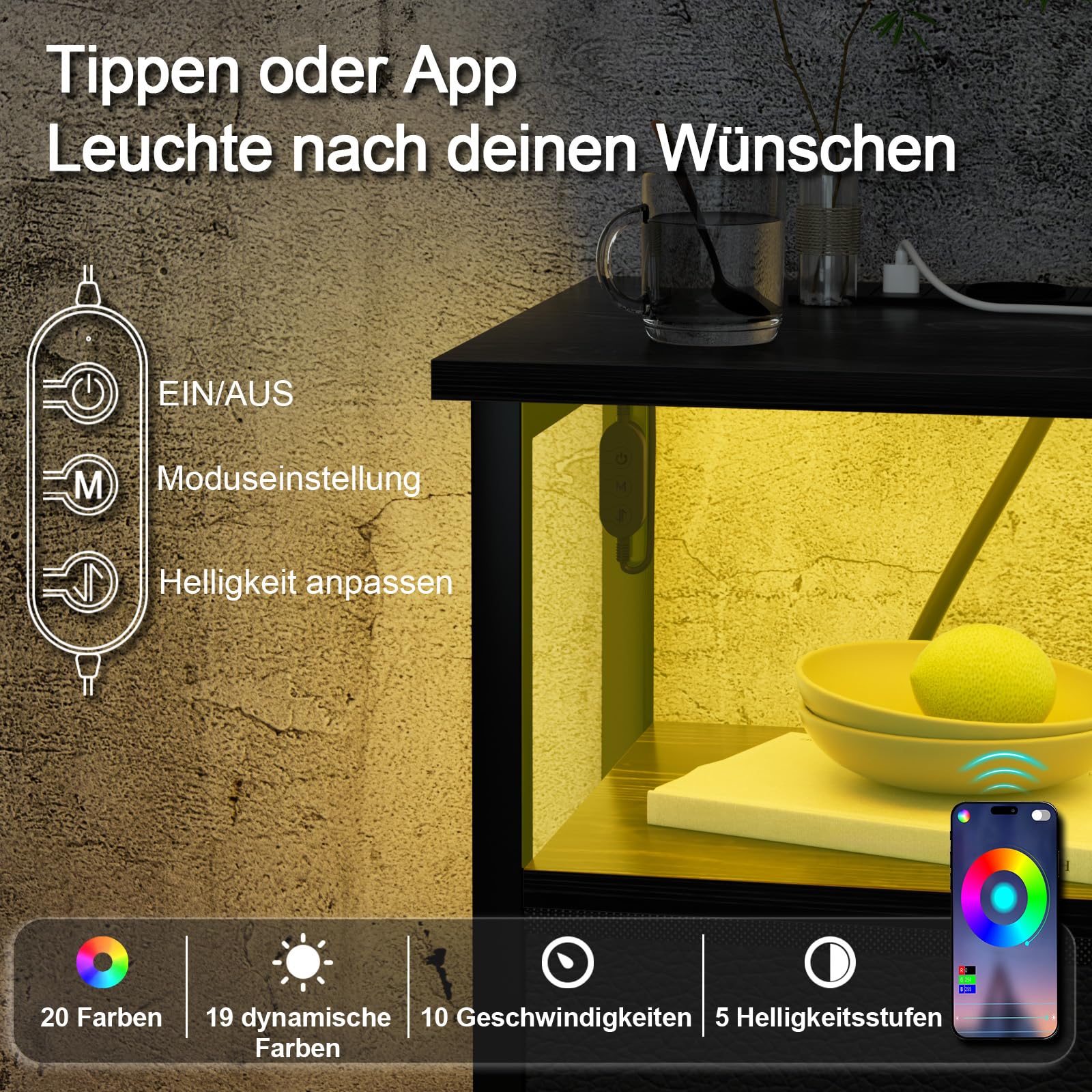 AMHANCIBLE Nachttisch mit LED-Leuchten, Beistelltisch mit Ladestation, 3-stufiger Sofatisch mit 2 Stoffschubladen, Nachtschrank aus Holz mit offenem Regal für Schlafzimmer, Wohnzimmer EHETS02BK-1