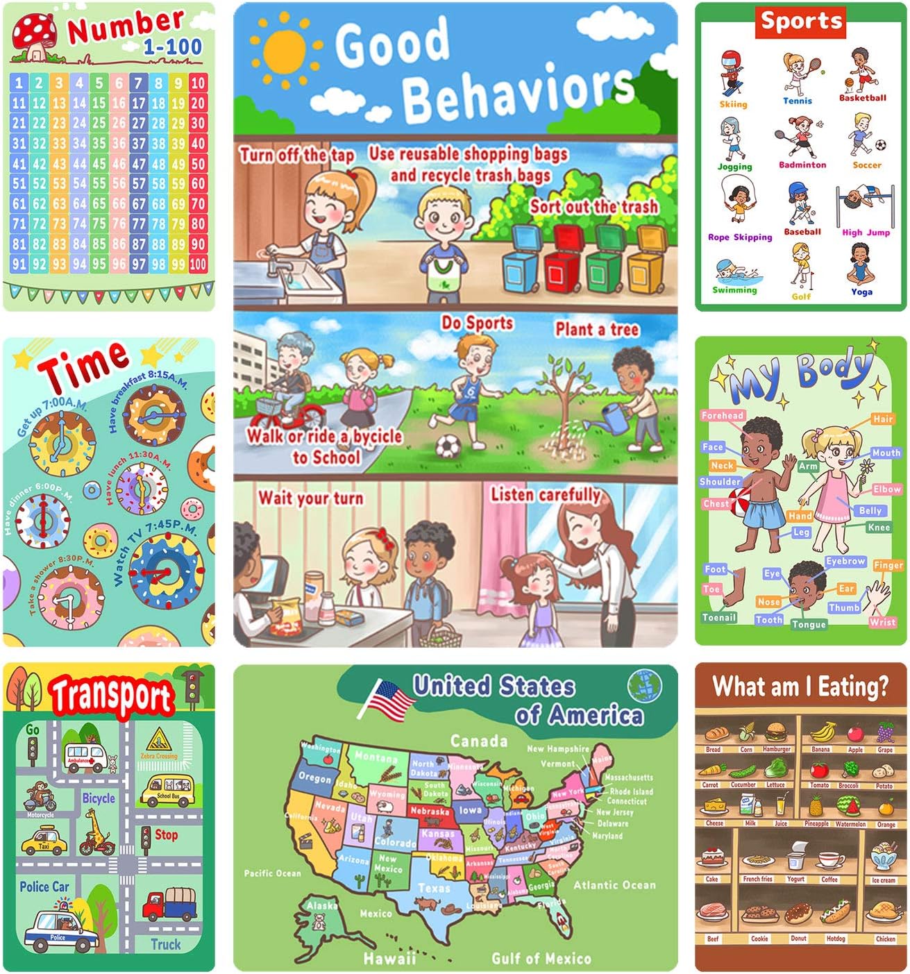 Number Chart 1-100 for Kids, Times Table Chart, 8 Pack Preschool Learning Posters for Pre K, Educational Charts & Posters for Preschoolers Kindergarten Home Classroom Decor Supplies -16 x 11 Inch