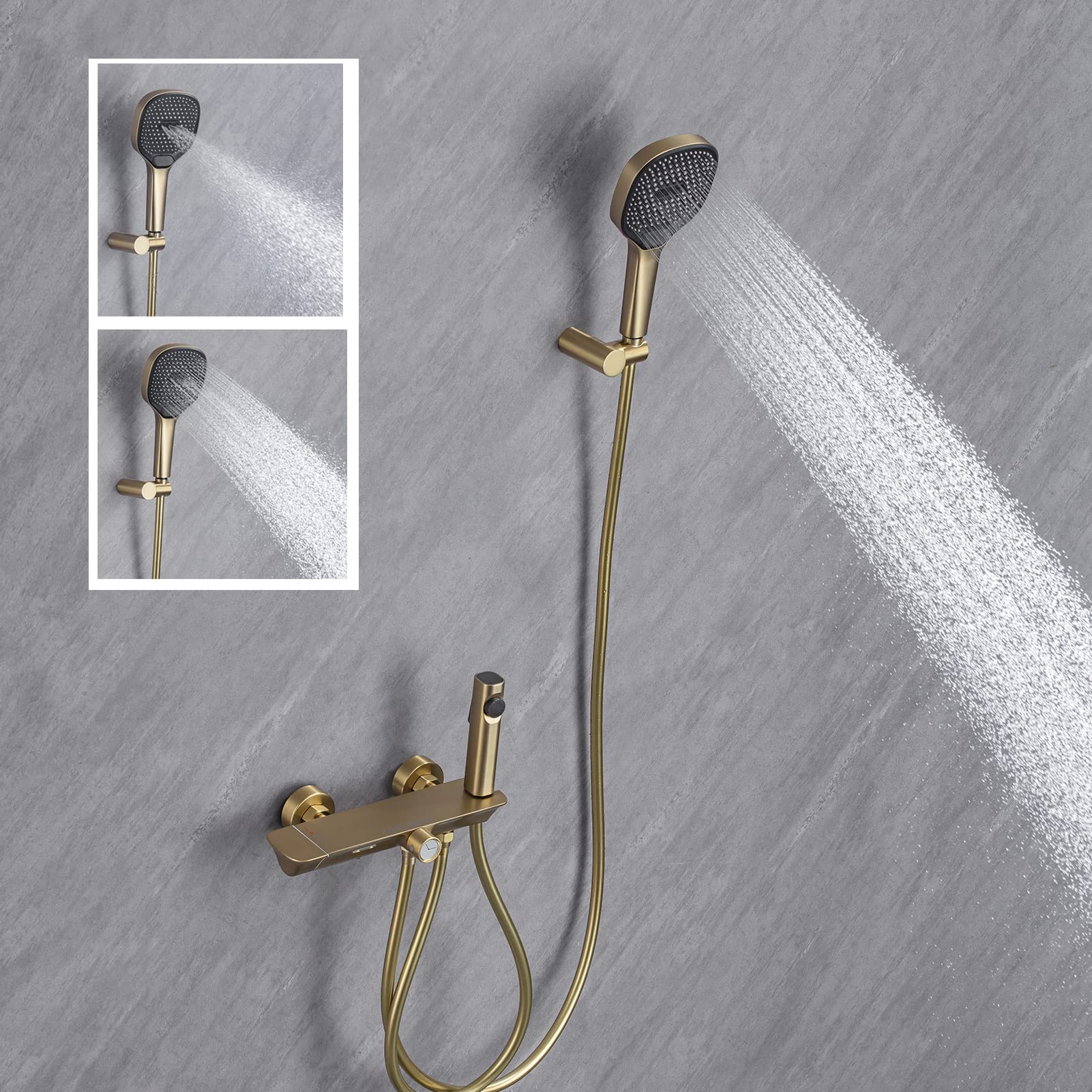 Rubinetto per Vasca da Bagno a Parete, con Cascata, con doccetta, doccetta per Bidet, Set Doccia termostatico, Rubinetto con Maniglia Singola, Oro Spazzolato, Spazzolato G (Nero)