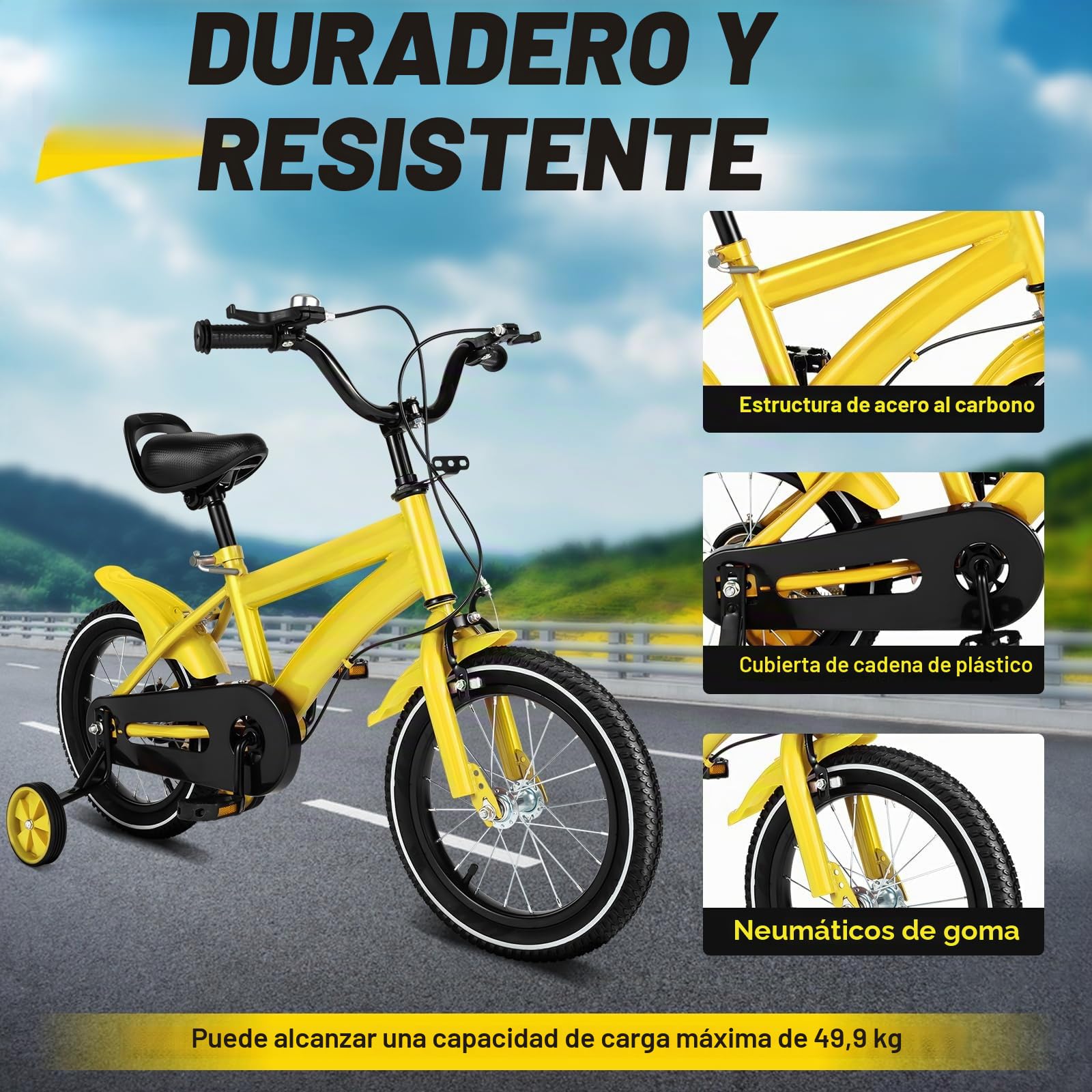 Bicicleta infantil de 14 pulgadas, bicicleta para niños y niñas con ruedas estabilizadoras y sistema de frenado dual, altura ajustable para niños a partir de 3 años para entrenamiento