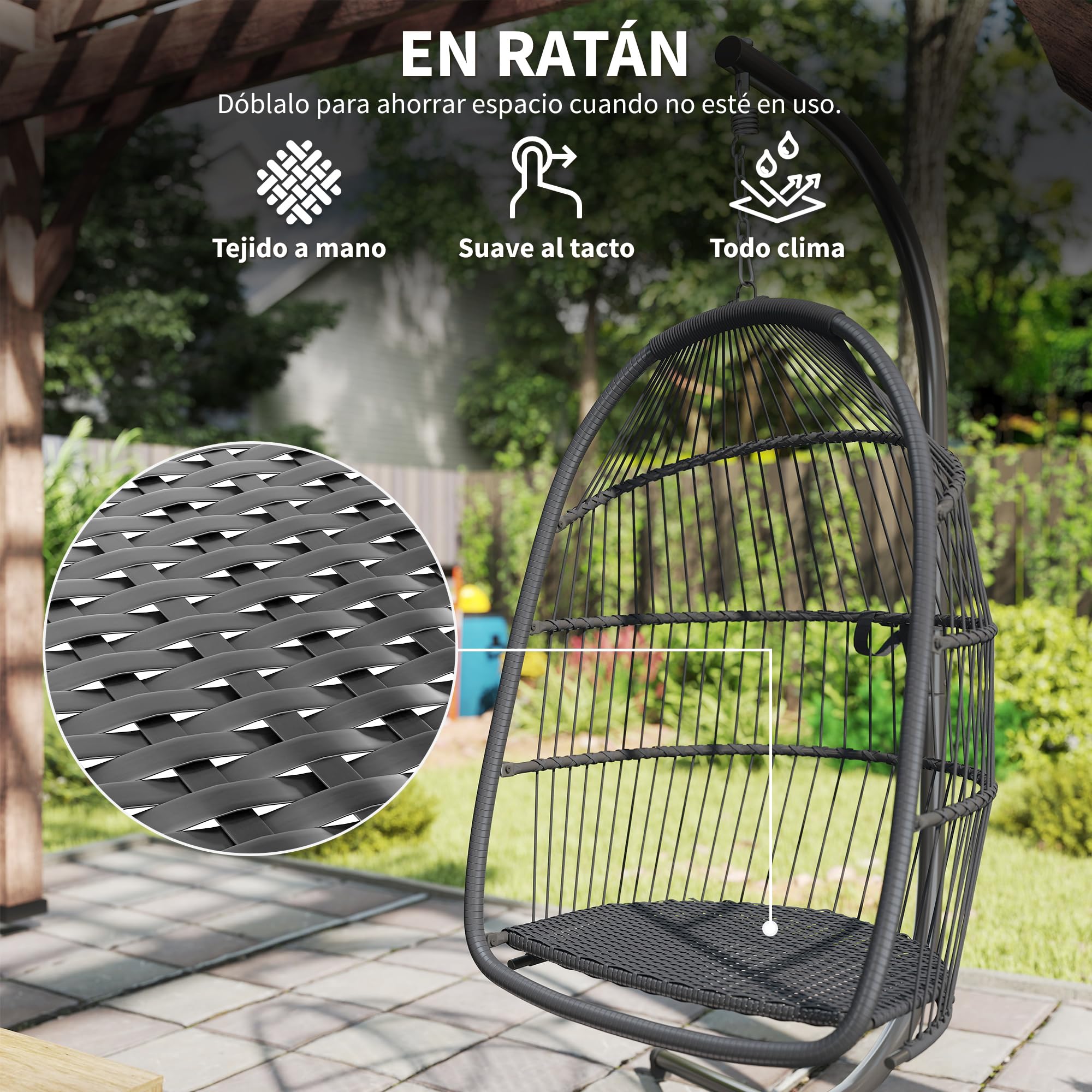 Outsunny Silla Colgante Huevo con Soporte Exterior 150 kg Gris Oscuro | Columpio Jardín, Cesta Plegable, Cojín Anti-UV, Reposacabezas Desmontable, Uso Interior