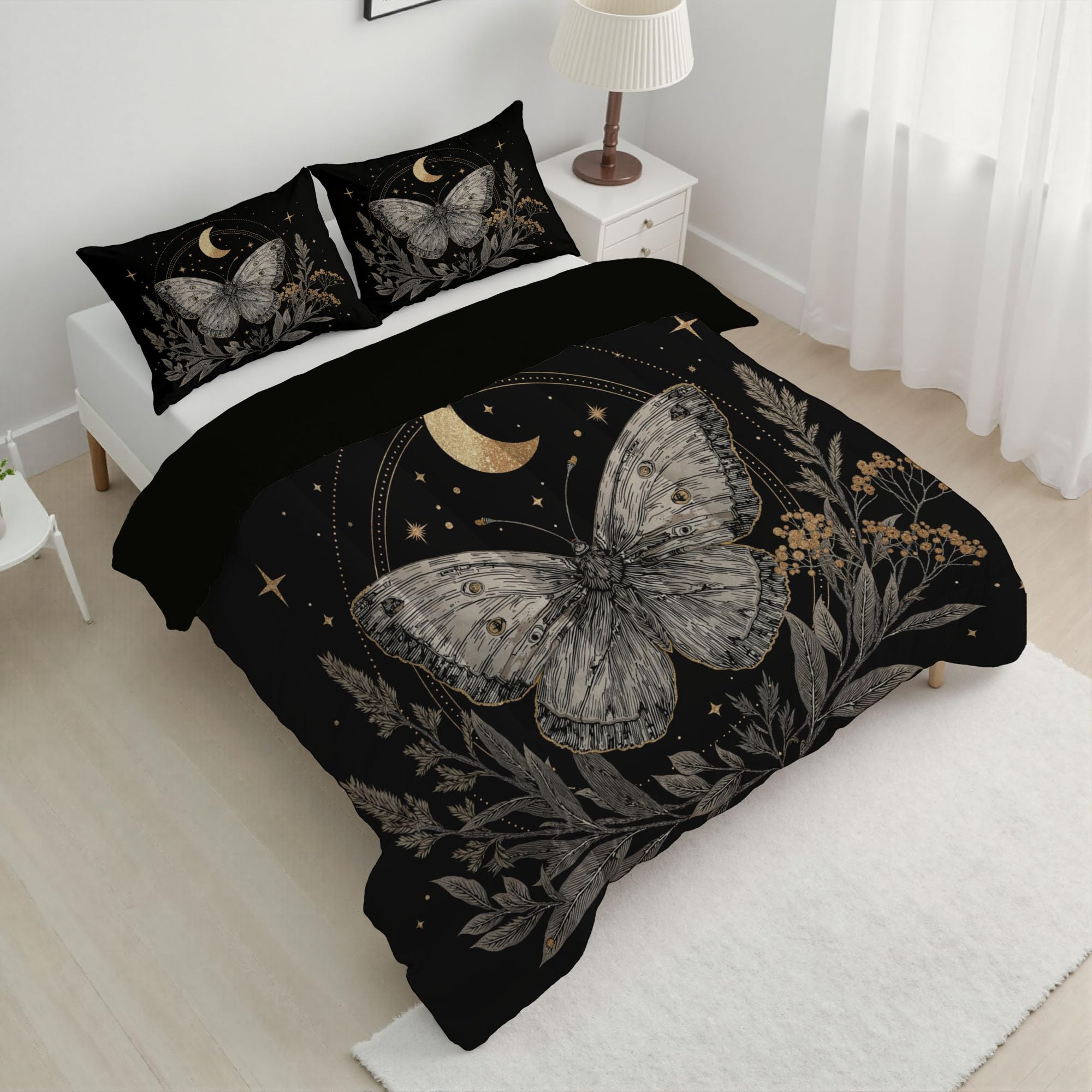Trapunta Letto Matrimoniale 4 Stagioni Piumone per Bambini, Boemia La Falena Leggero Cielo Stellato Psichedelico Set di Biancheria da Letto 200x200cm con 2 Federe,Piumino Lavabile In Lavatrice