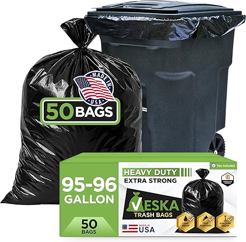 Veska Bolsas de basura de 95 a 96 galones resistentes (enormes 50 bolsas con lazos) Bolsas de basura de 95 a 96 galones grandes de color negro