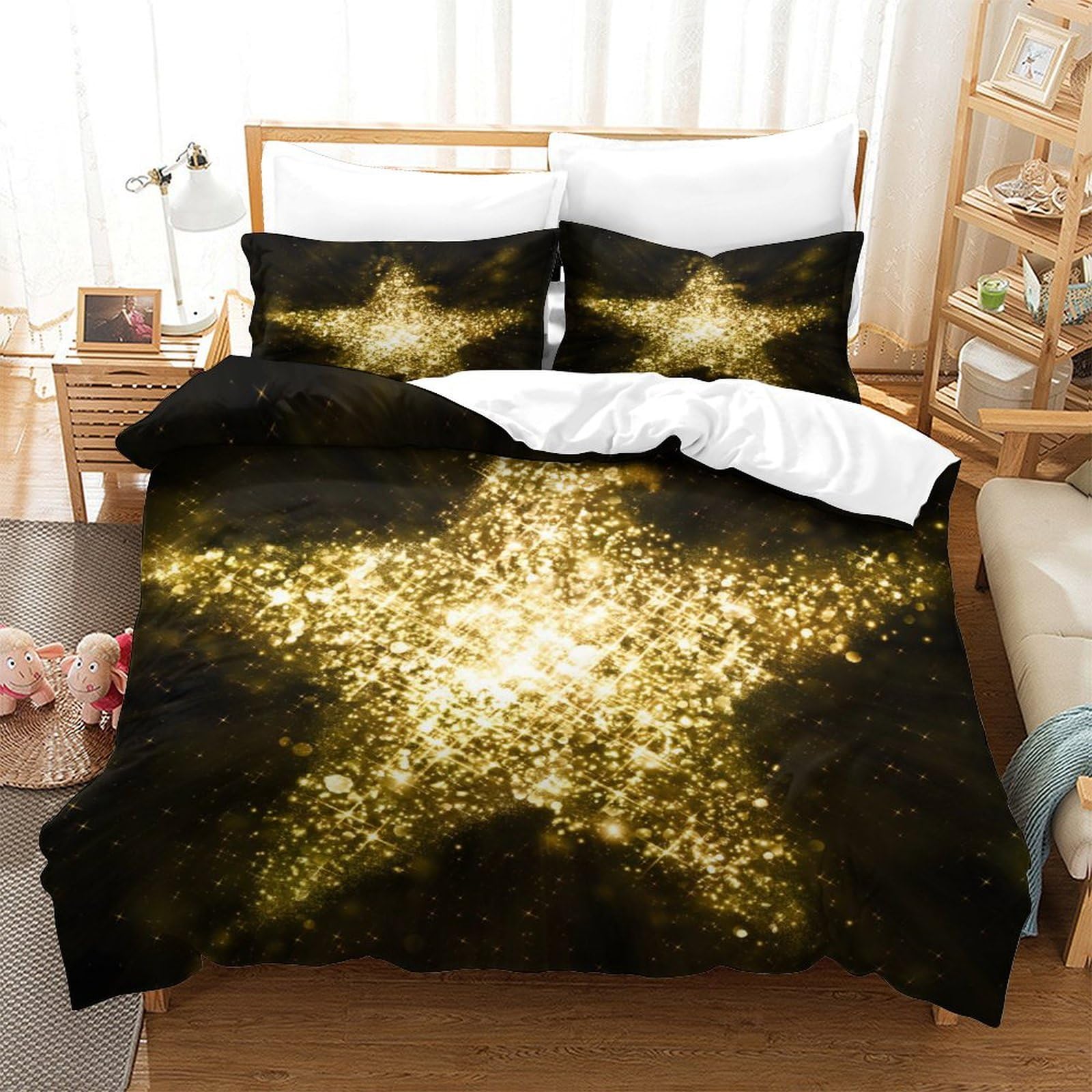 GDEKCIEAS Blinking Gold Glitter Star Teens Bedding Set,3Pcs Duvet Cover with Decorative Quilt Design,Ultra Soft Comforter for Boys,Girls,Kids,Adults, Breathable,Zipper,Easy Care Double（200x200cm）