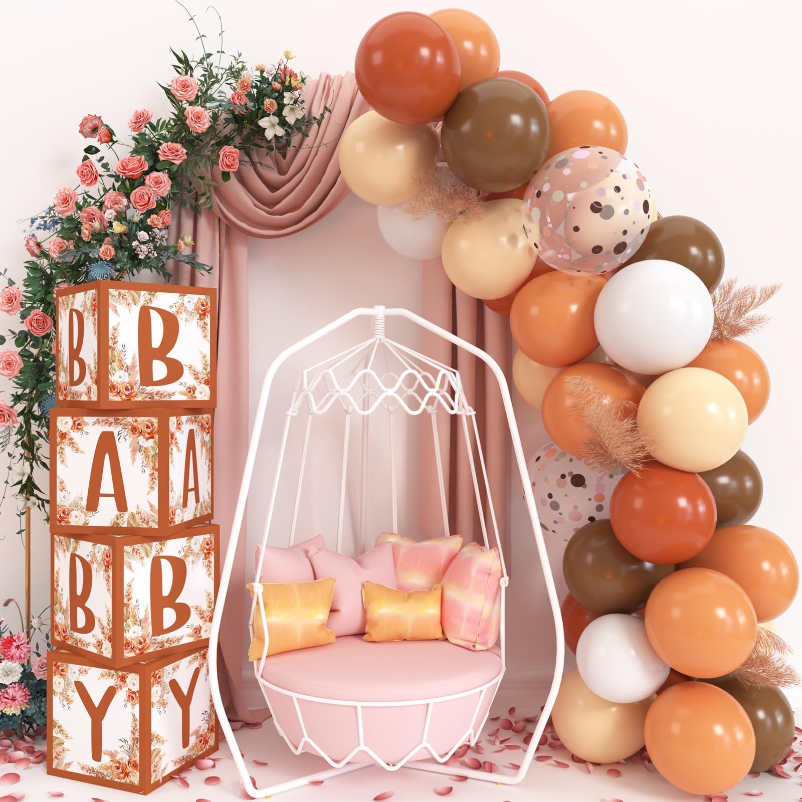 Boho Floral Baby Balloons Boxes Decoration Neutral Baby Shower Backdrop Blocks with DriedPampas Grass Gender Reveal Tropical Desert Bohemian Photo Props Boy or Girl B-Day Favor Ideas Supplies