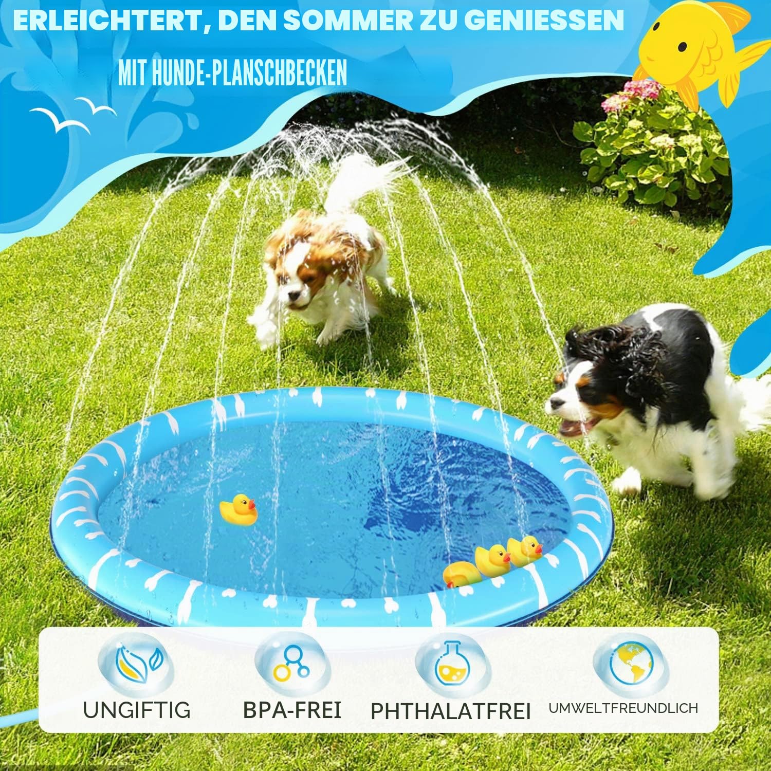 Nobleza Hundepool, Planschbecken für Große & Kleine Hunde, 0.55mm Verdickt Anti-Rutsch Sprinkler Matte Hund Faltbarer Splash Pad für Sommer, Garten, DraußEn, D1.4M