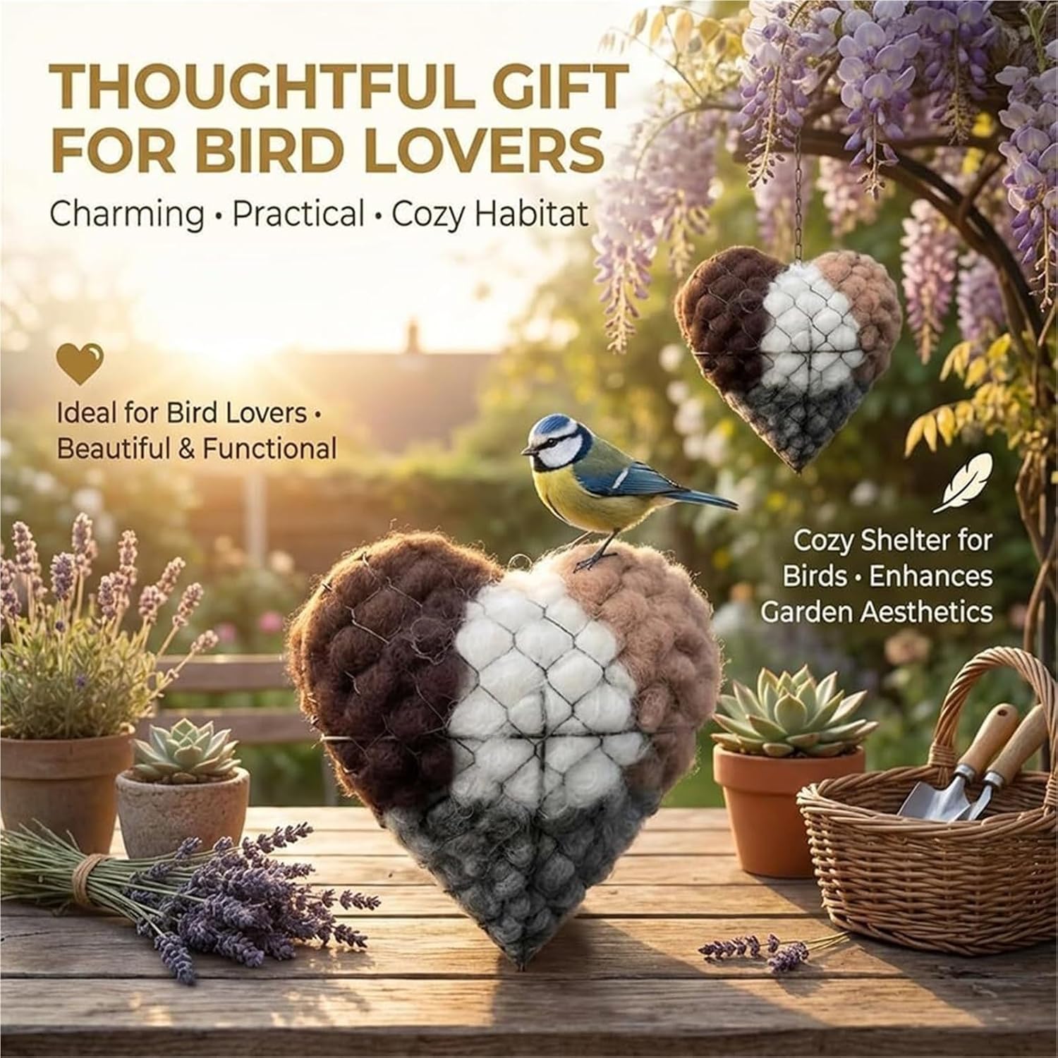 New Handmade Alpaca Wool Heart-Shaped Bird Nest, Nest Material Stand, Wild Bird Winter Tree Shelter, Hummingbird Nest Box, Outdoor Garden Decoration Birdhouse, Ideal Gift for Bird Lovers(3Set)