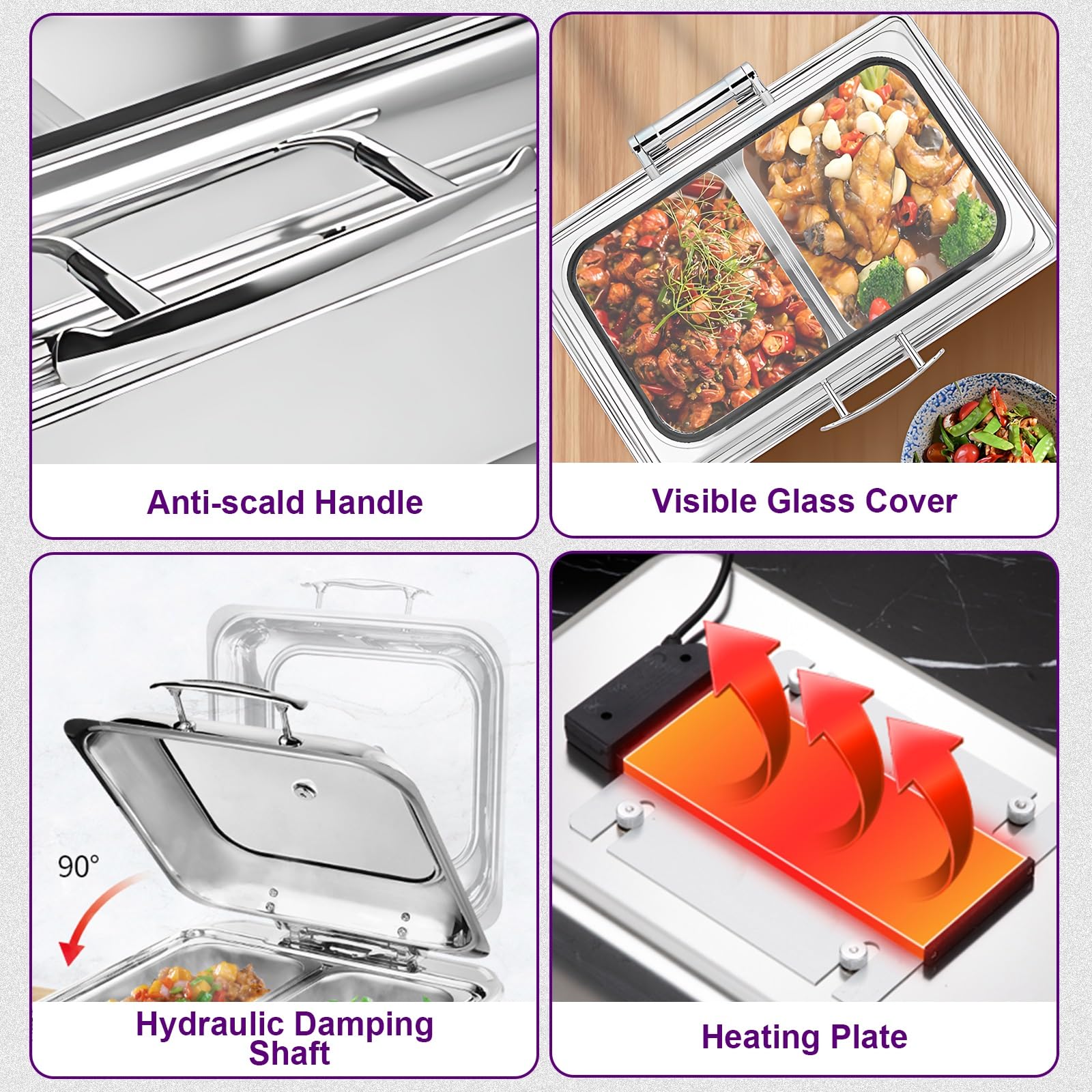 Chafing Dish Eléctrico, 9L Calentador de Comida Electrico para Buffet Temperatura Regulable, Calentador de Buffet in Acero Inoxidable con Tapa Visible(A,1/2 Pan)