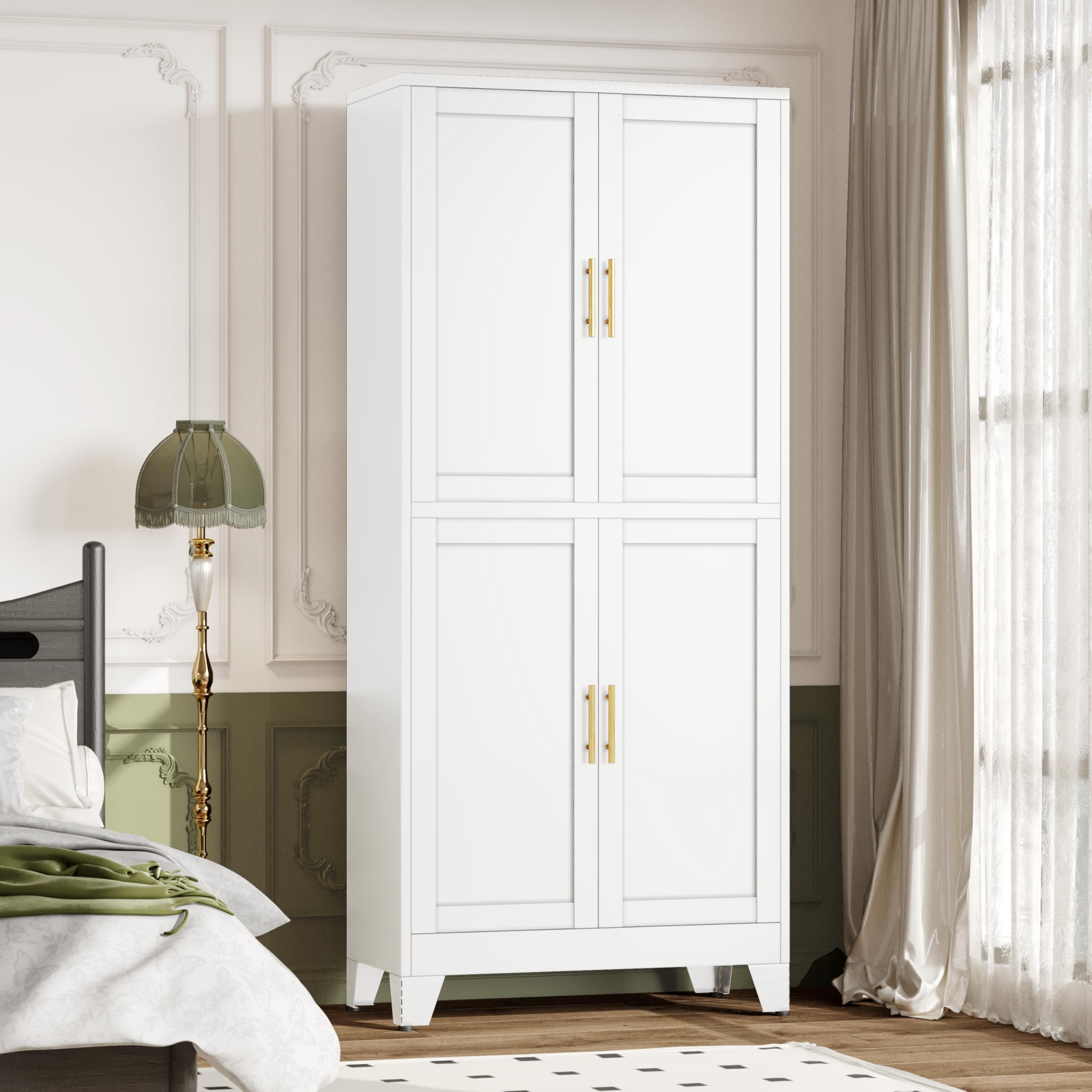 winiowa 75" Tall Kitchen Pantry Cabinet, Metal Storage Cabinet with Doors and Adjustable Shelves, White Freestanding Pantry Cabinet for Kitchen, Dining Room, Living Room, Laundry Room, Bathroom