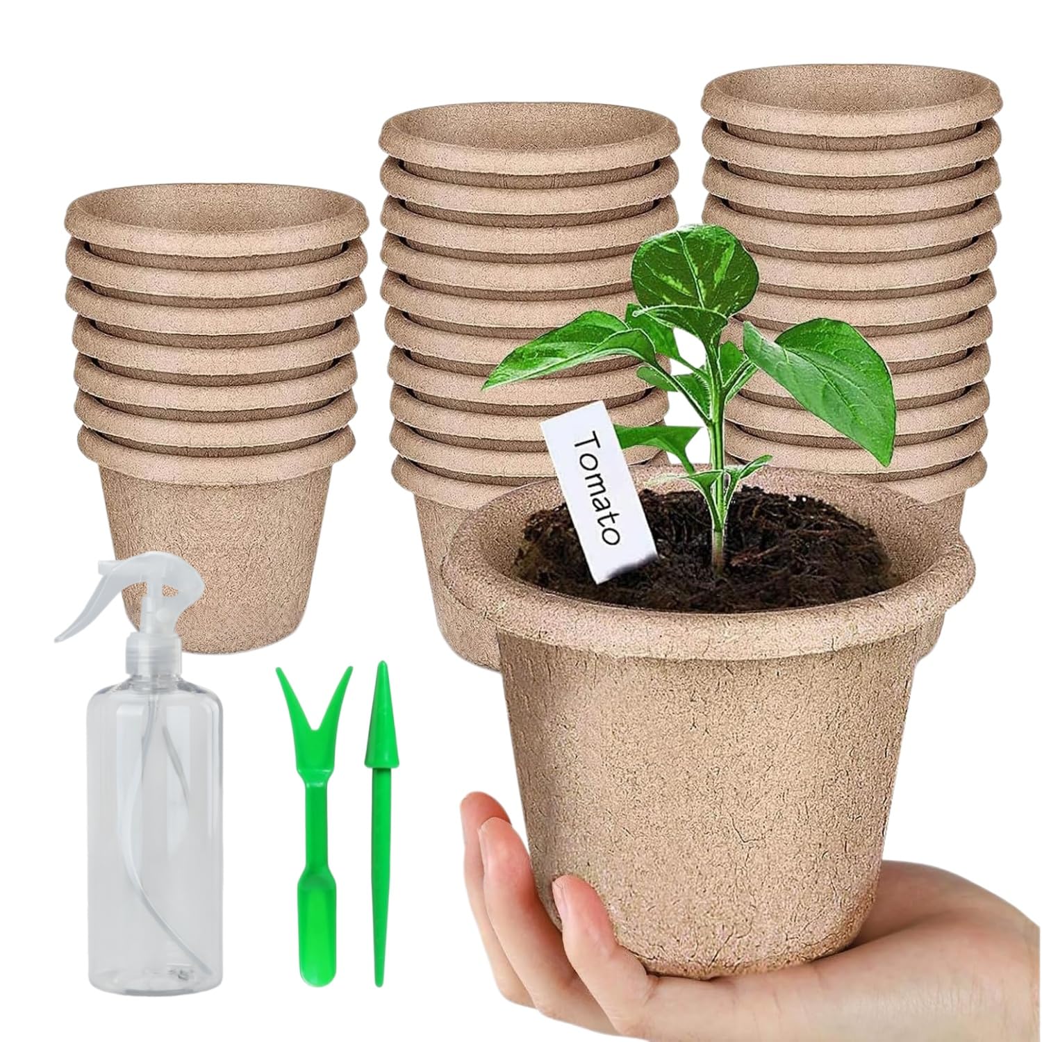 50 Piezas Grande Macetas Biodegradables, 11cm Semilleros de Germinacion, Redondas Macetas con Agujeros de Drenaje, con 1 Botella de Pulverización, para Plantasde de Semillero, Flores, Plantas