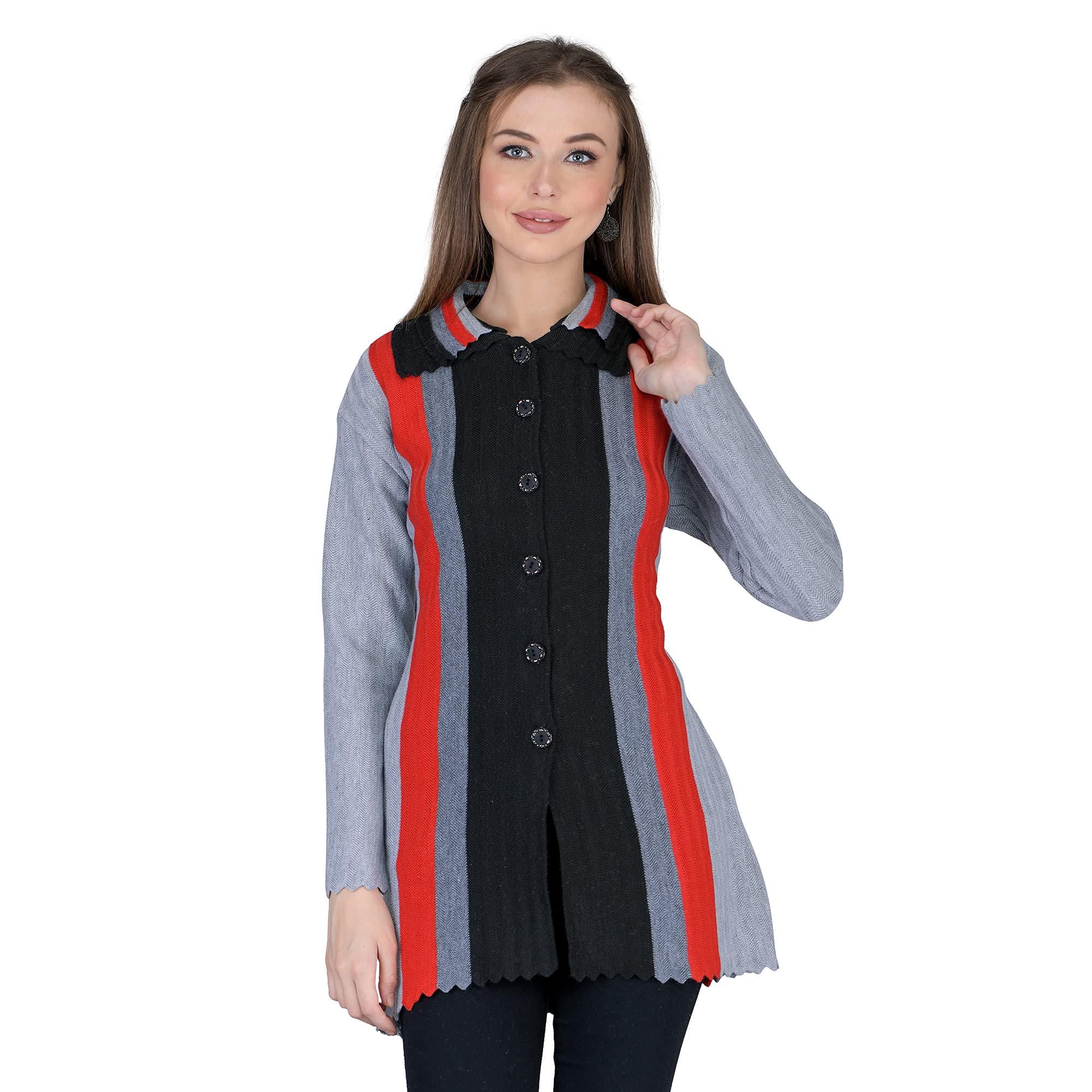 lady willington Women's Wool Round Neck Cardigan (BANDNECKPATTACOAT_Black, Grey, Red_L)-picture-47