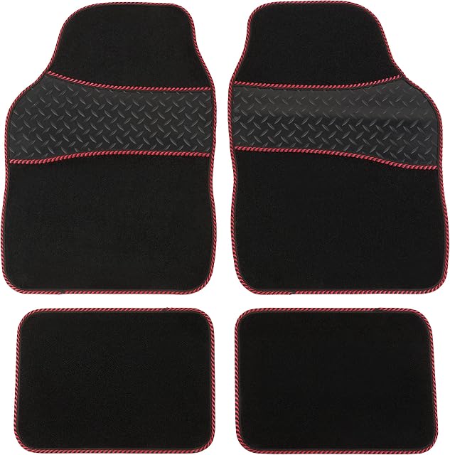 Safe Travel 27752 Universal Car Mats, Heavy Duty Rubber Heel Pad, Red Binding