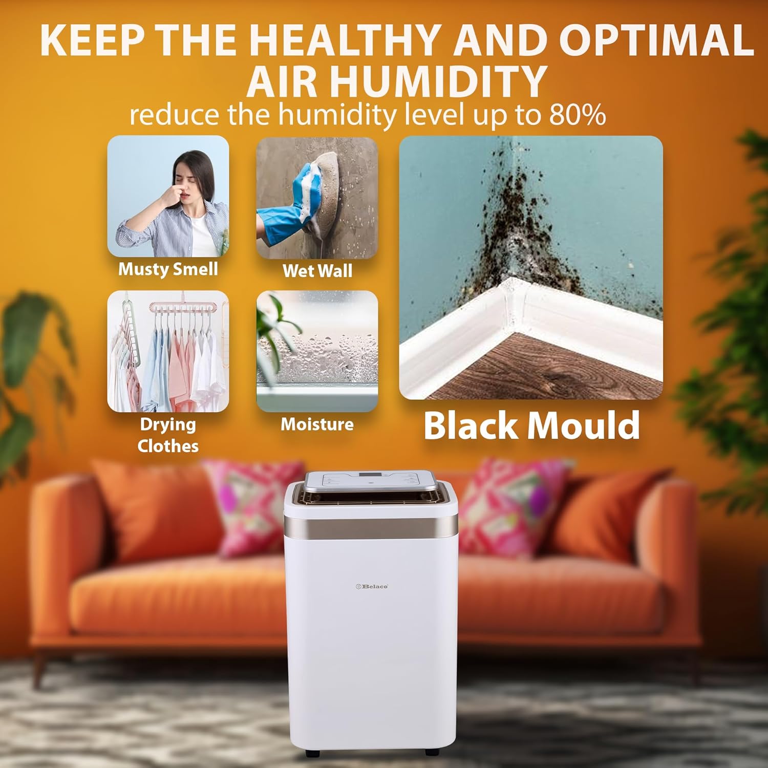 Infographic showing benefits of optimal air humidity: no musty smell, dry walls, no black mould, drying clothes, reduced moisture