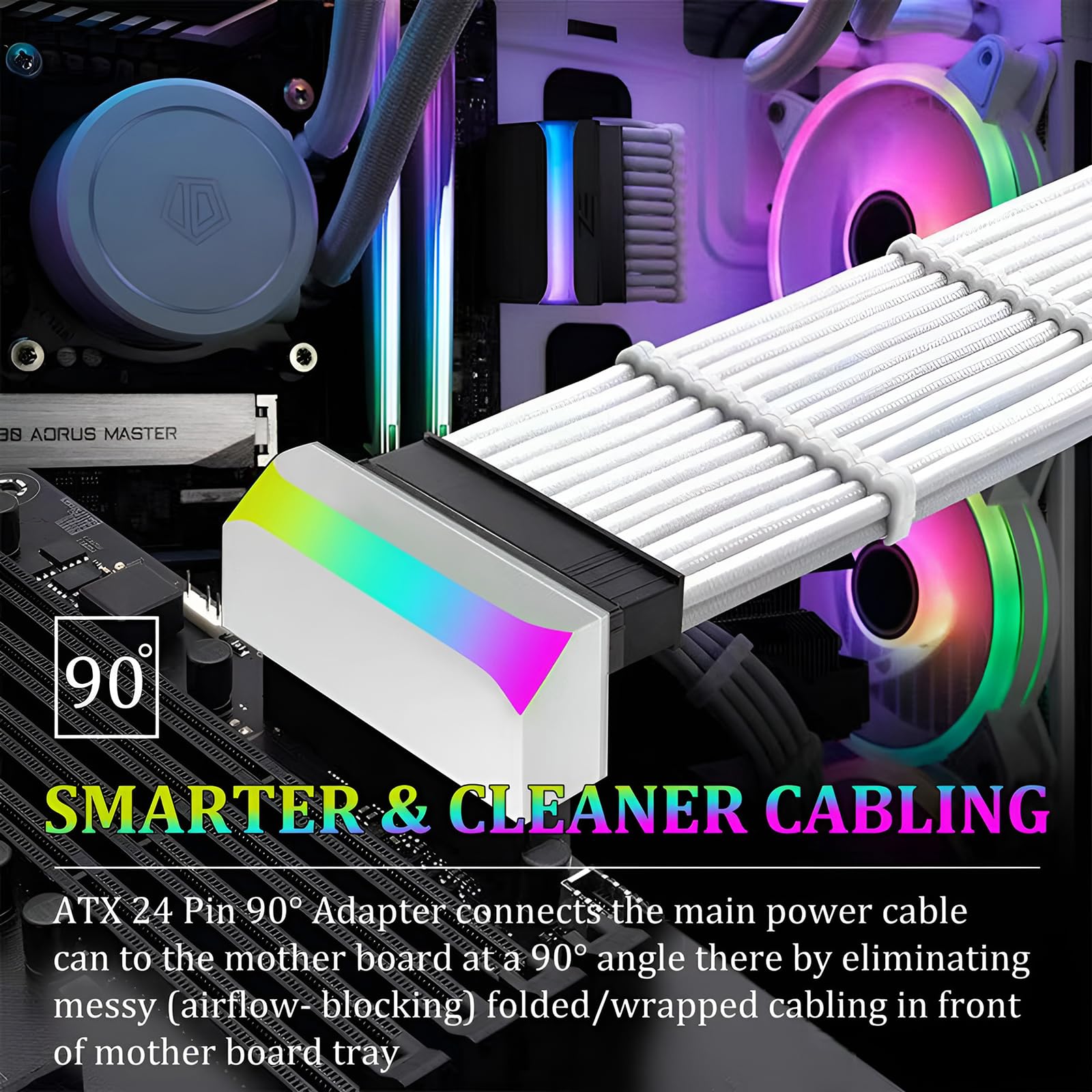 ATX 24-pin 90 Degree Power Connector Adapter 5V 3 Pin ARGB Rainbow Female to Male Power Adapter for Computer Motherboard ATX Power Supply- White