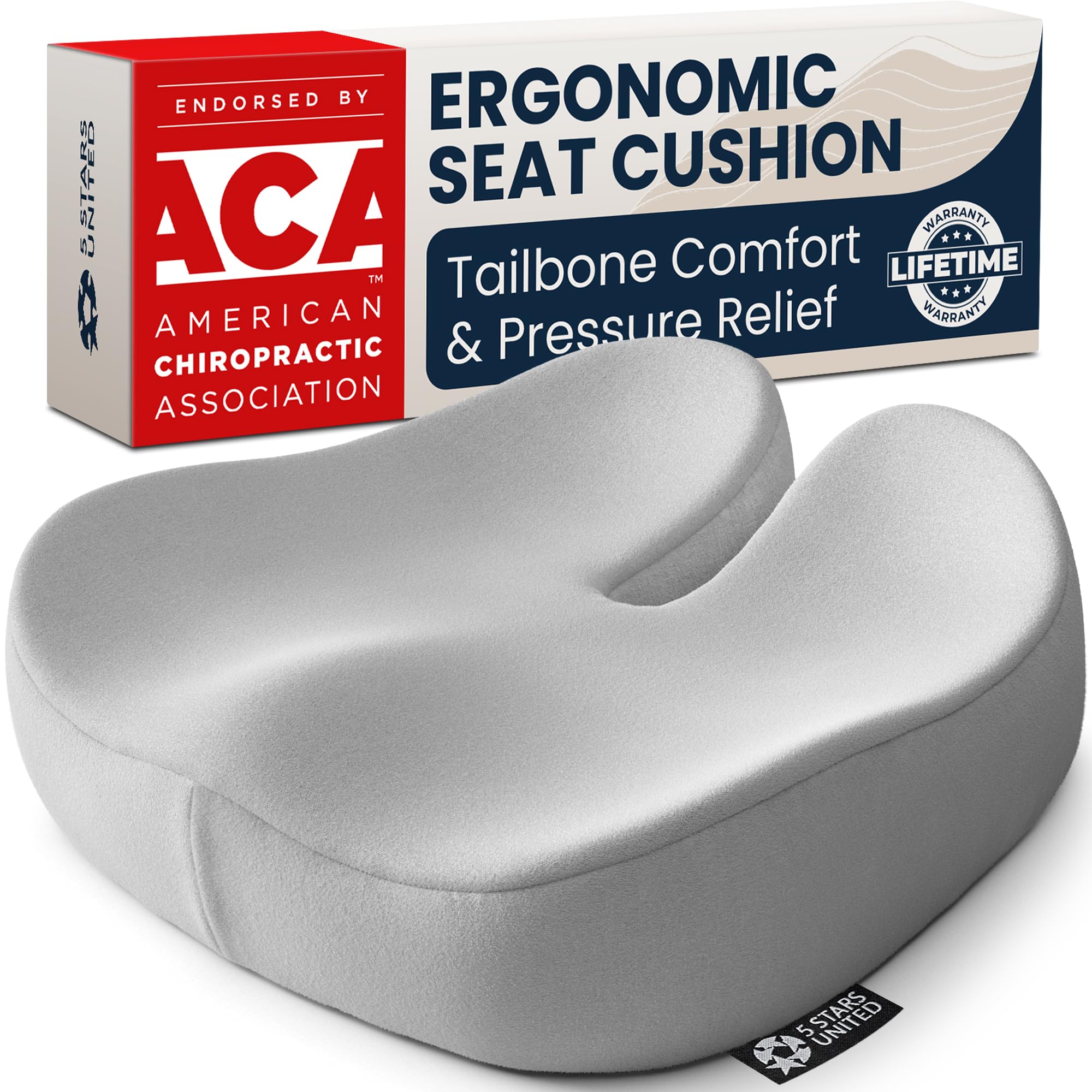5 STARS UNITED Seat Cushion - Memory Foam Chair Pad for Tailbone Pain Relief - Ergonomic Support for Coccyx, Sciatica &amp; Butt - Office, Desk &amp; Gaming Chair, Car Seat, Wheelchair, Light Gray Suede
