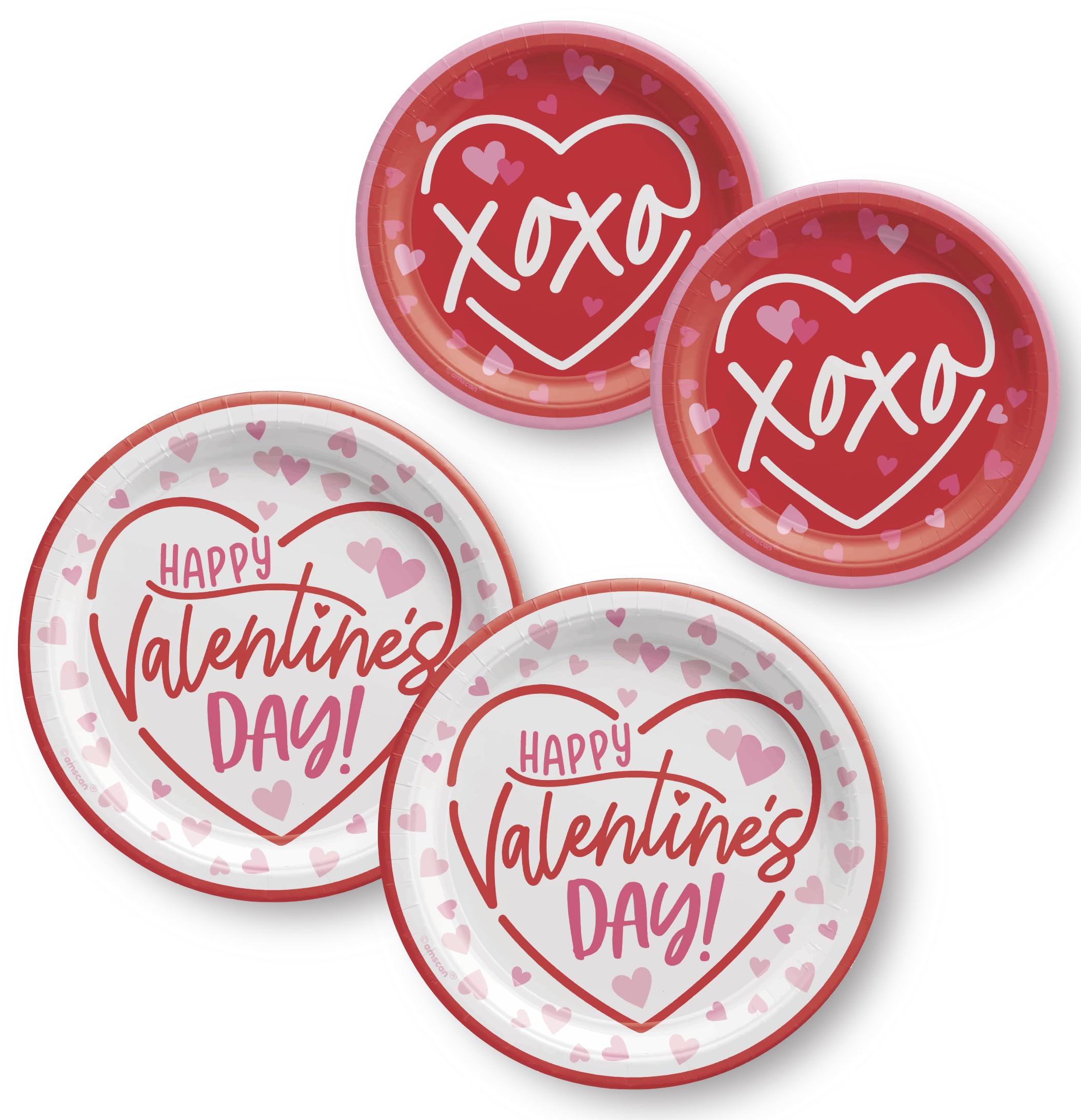 Pink & Red Valentines Day Paper Plate Set for Class Parties, Be Mine, XO, Heart Tableware, February Birthday, Galentines Party (32 Piece)