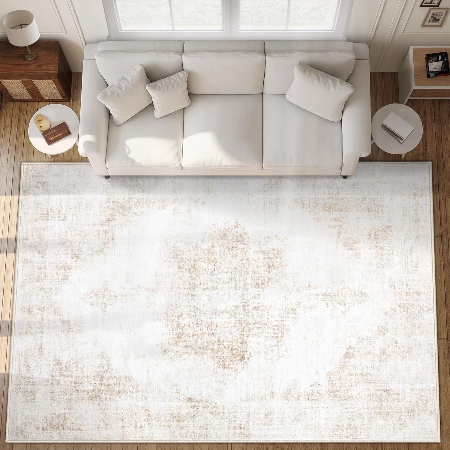 Area Rug 9x12 Vintage Rugs: Large Washable Living Room Rug Retro Medallion Distressed Soft Low Pile Non-Slip Rugs Indoor Floor Carpet for Bedroom Dining Table Office (Beige,9'x12') Beige 9' x 12' (Rectangular)