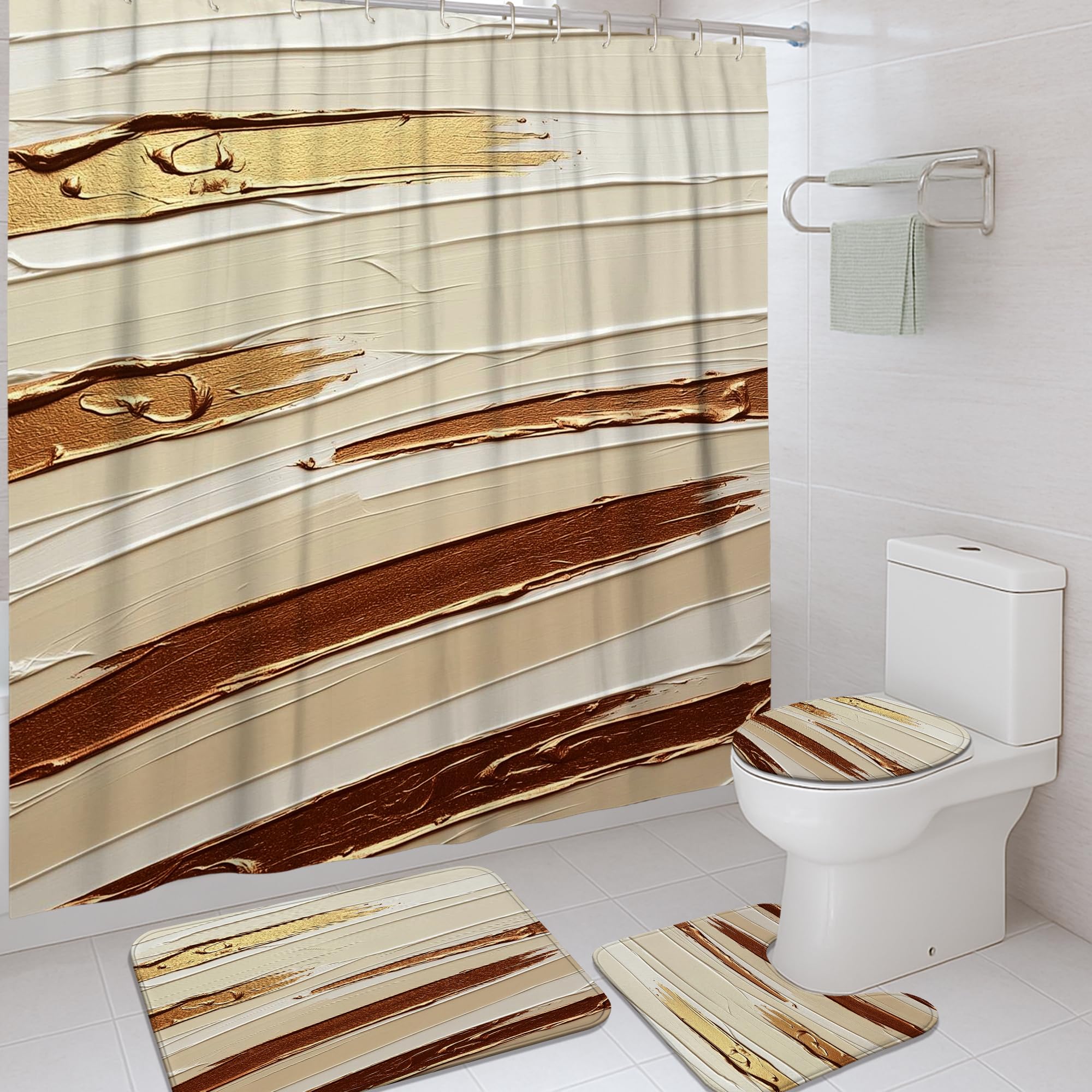 Rideau de douche abstrait doré pour moderniser la décoration de votre baignoire d'appartement