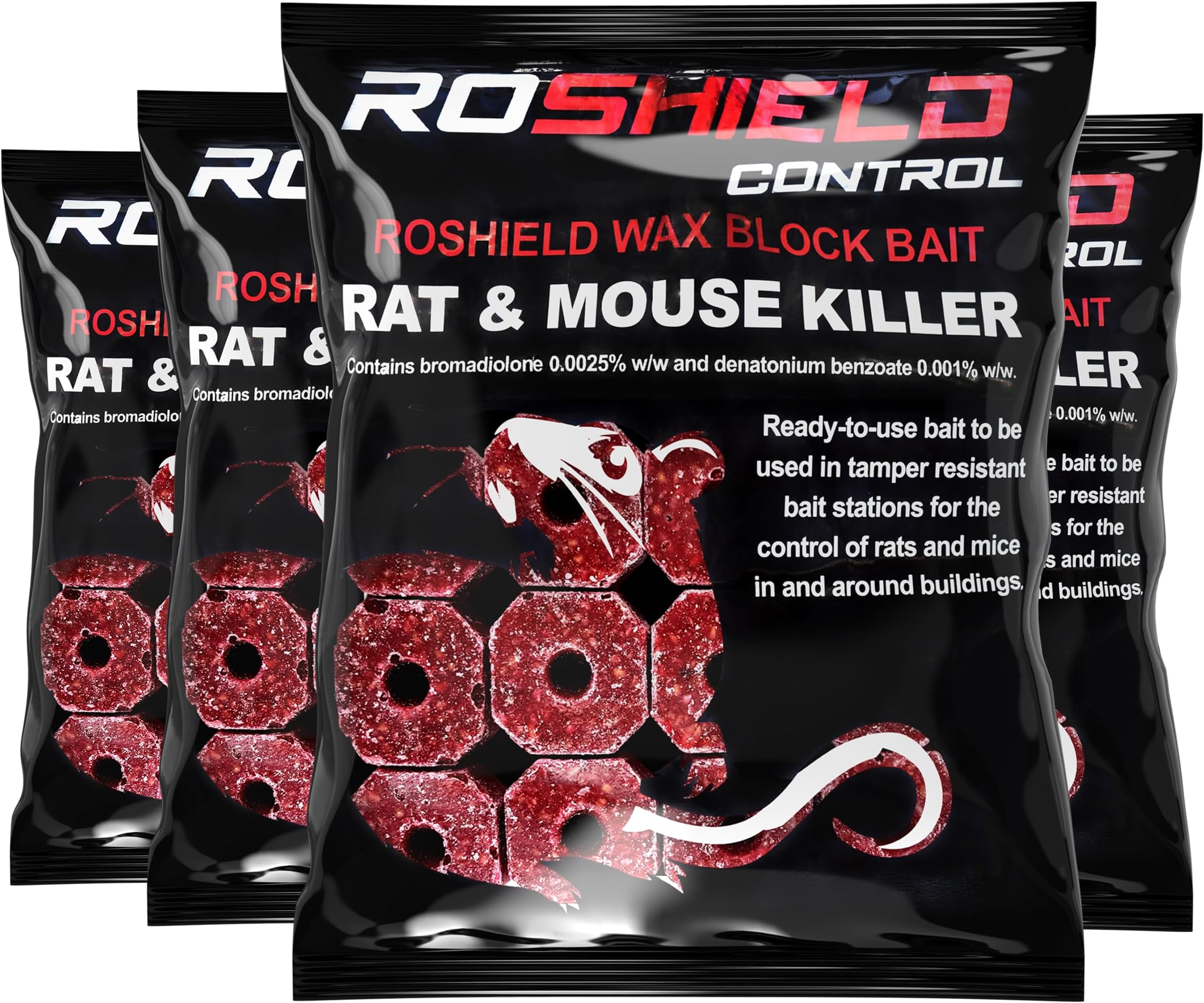 ROSHIELD 1.2kg Wax Block Bait for Rat & Mouse Killer Poison Control - Indoor, Outdoor All-Weather Rodent Bait Station Refill Packs (300g x 4 Packs)