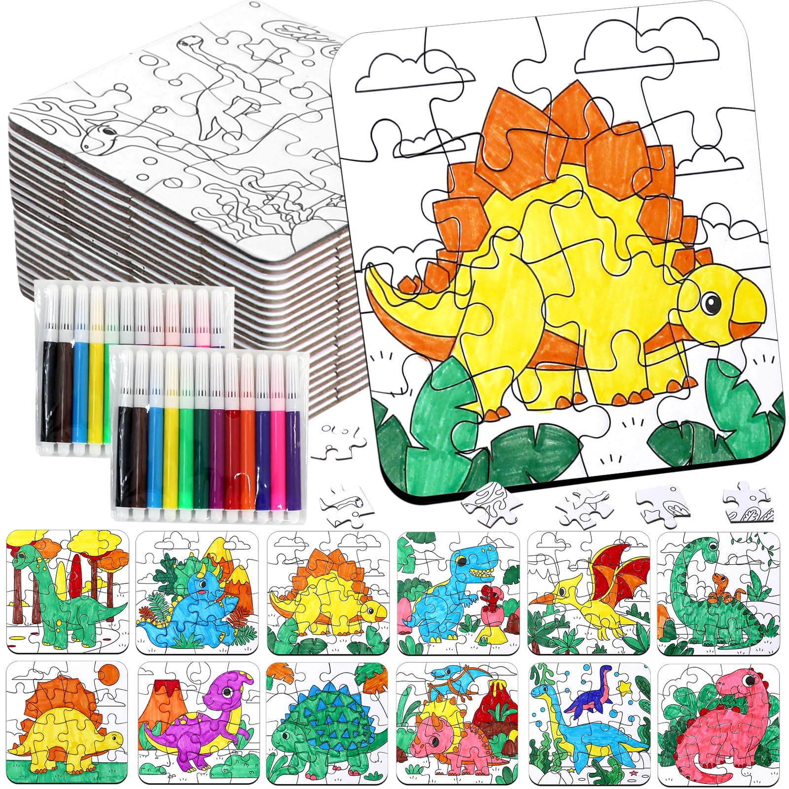 Dinosaur Puzzles for Toddlers 2-4, Dinosaur Crafts DIY Art Activities Toys | 24 Set Color Your Own Craft Blank Jigsaw, Fall Classroom Gift for Kid Adult Birthday Party Favors Coloring Game Supplies Bulk Dinosaurs Colorful
