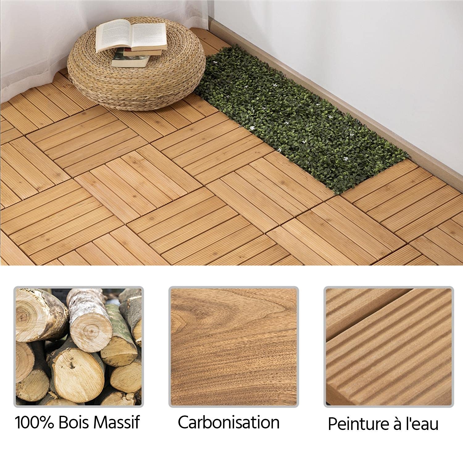 Yaheetech Lot de 27 Caillebotis Bois Exterieur Dalles de Terrasse en Bois Composite avec Système d’Emboîtement Revêtement de Sol Extérieur Intérieur 30 x 30 cm