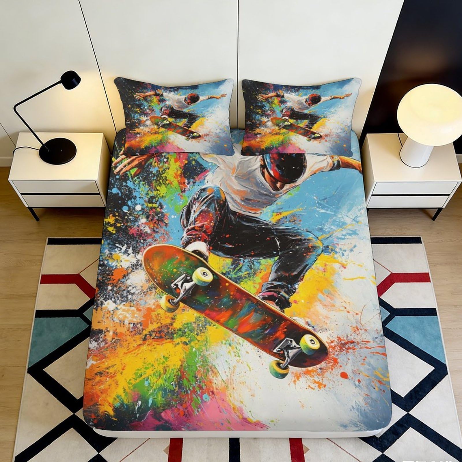 3D Printed Skateboard Graffiti Fitted Sheet Microfiber Vibrant Street Art Bed Cover for Bedroom Dorm Mattress Protection Decor 120x200x25cm