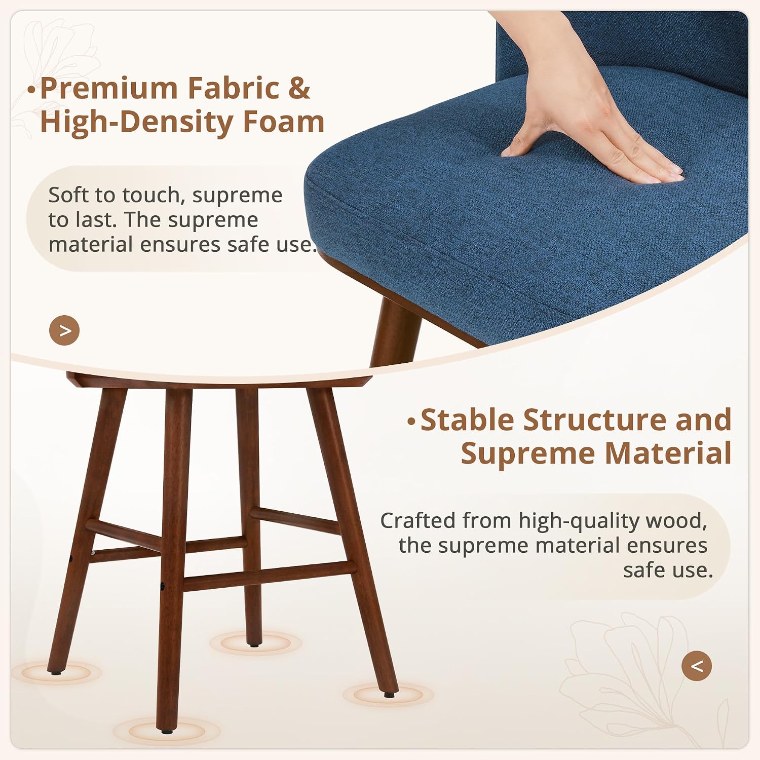 Close-up image of the bar stool's navy blue fabric and wooden leg, showing material quality.