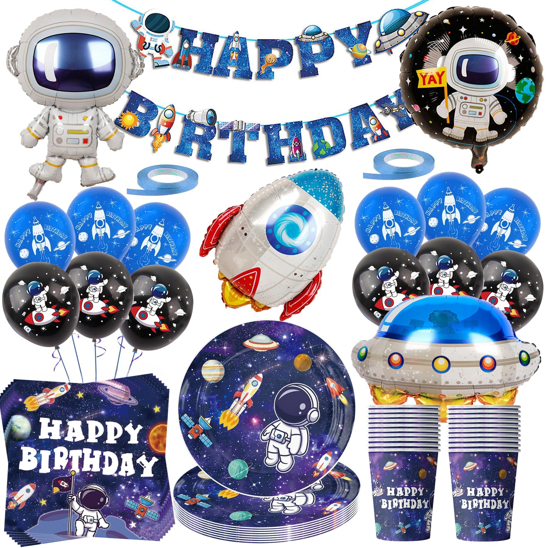 BlinBlin Set Stoviglie Per Festa A Tema Spaziale Astronauta - 48 Pezzi Per 16 Ospiti: Piatti, Tovaglioli E Bicchieri Di Carta