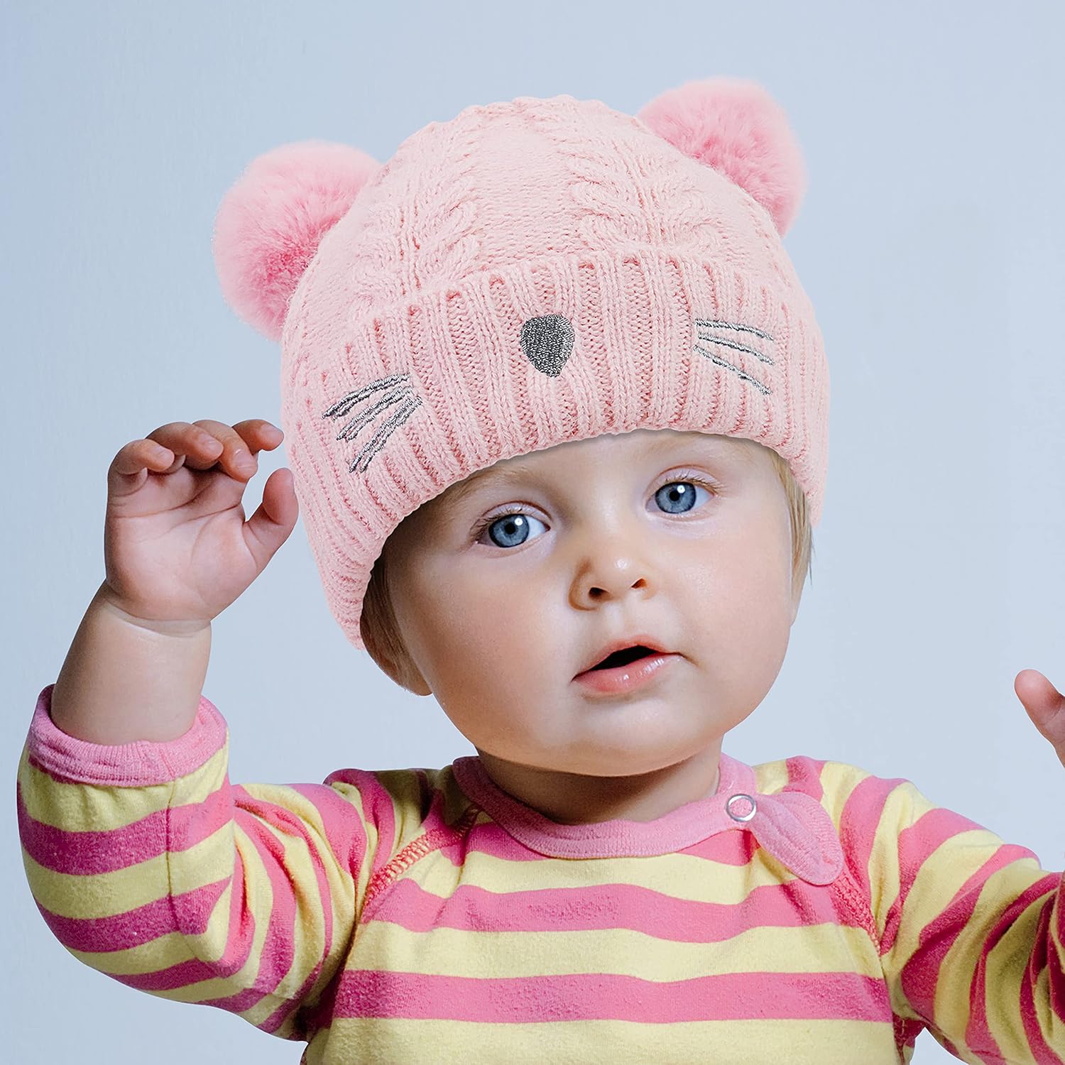 Bienvenu Baby Toddler Boy Girl Winter Beanie Hat, Infant Cute Cat Embroidered Double Pom Pom Knit Hat, Newborn Warm Beanie Hat Cap with Fleece Lining, Pink: Clothing, Shoes & Jewelry