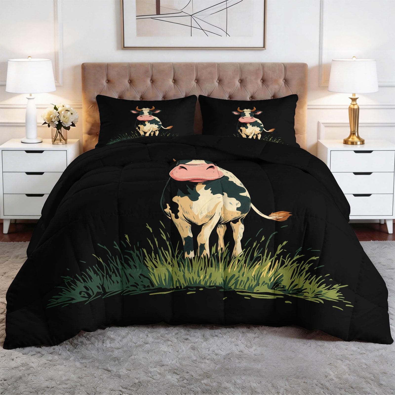 Schwarz-Weiße Kuh Bettdecke 135 x 200 cm 4 Jahreszeiten Steppdecke, Cartoon-Bauernhoftiere Waschbare Ganzjahresdecke Kleinkinder Kinder Bettwaren Set Babyzimmer Kinderzimmer Bettdecke Ohne Bezug