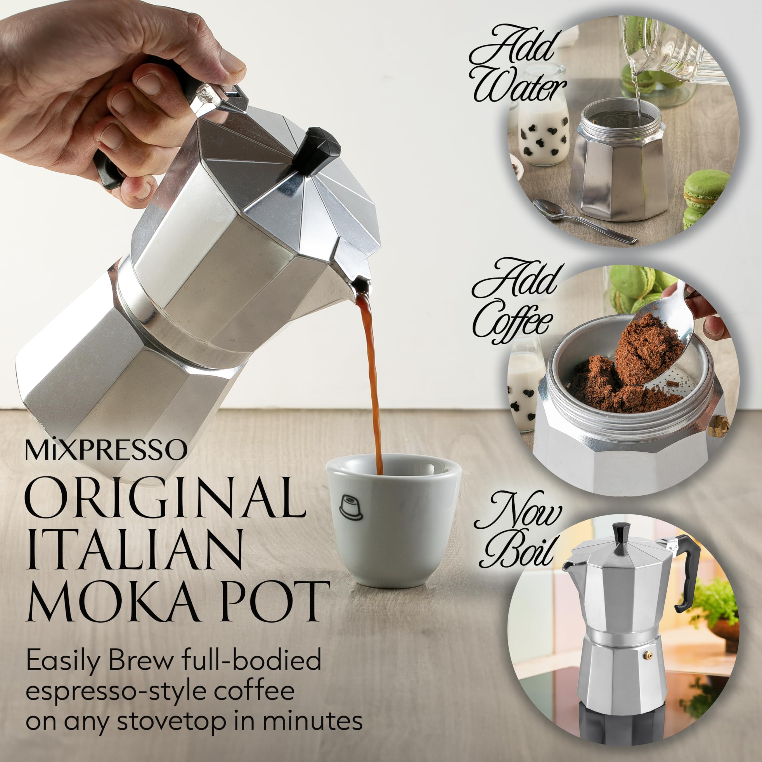 Mixpresso Cafetera de aluminio para 6 tazas, cafetera Moka Pot para preparar café italiano y cubano, cafetera italiana clásica, cafetera espresso Greca, cafetera de camping de 10 onzas