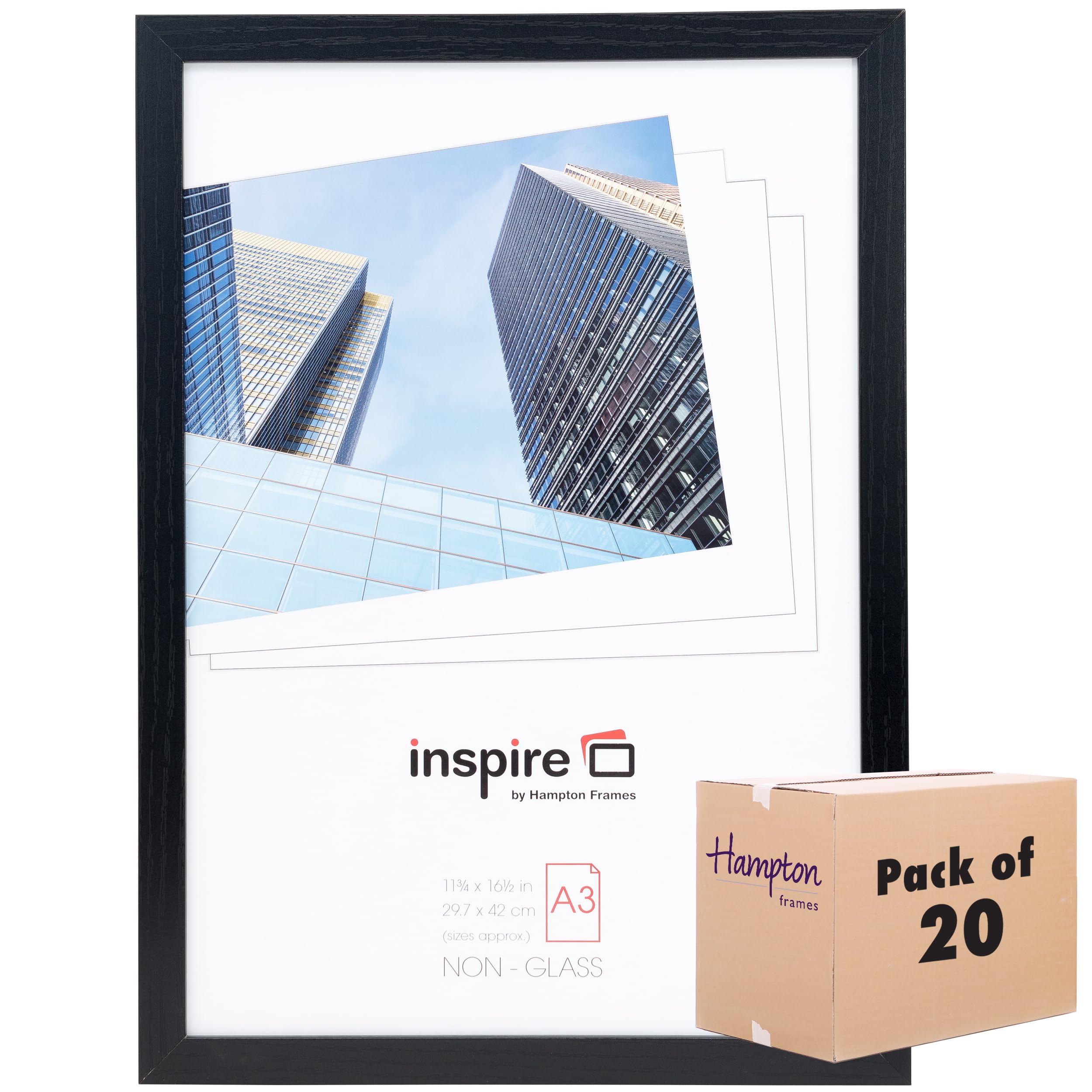 Hampton Frames Black Oxford A3 (30X42cm) - Bulk Box Of 20 - Poster Frame Acrylic (Non-Glass) Oxfa3ngx-Box20