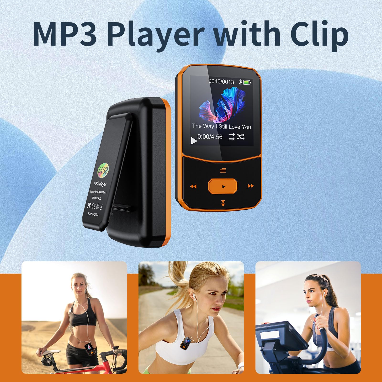 64Go Lecteur MP3 Bluetooth 5.3 Sport Mini-Design avec Clip, portabal baladeur mp3 avec Bouton de Volume indépendant,écran Couleur TFT 1,5 Pouces, Radio FM, podomètre, supporte jusqu'à 128Go Carte SD
