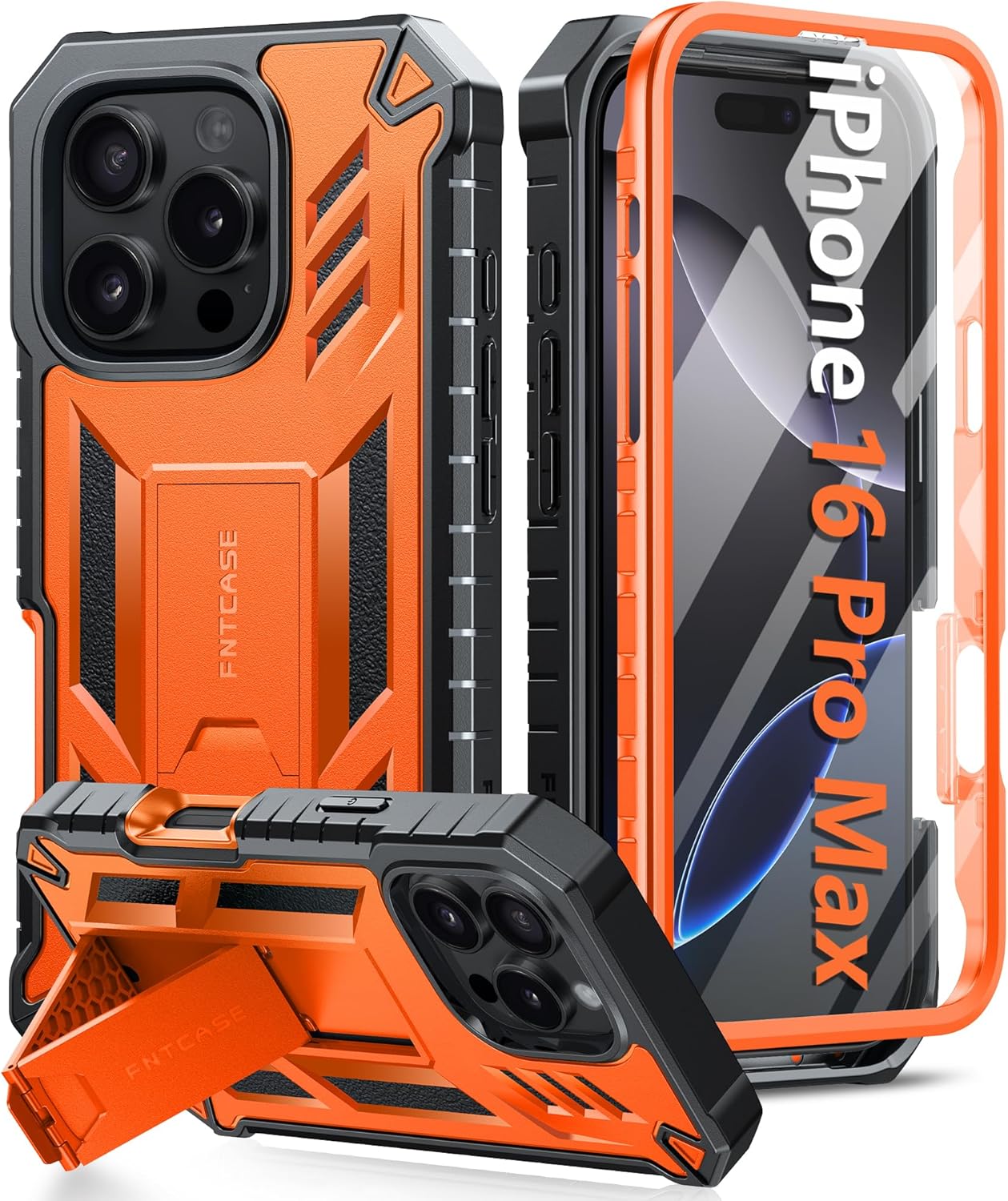 FNTCASE for iPhone 16 Pro-Max Case: Military Grade Drop Proof Protection Mobile Cover with Kickstand | Matte Textured Rugged Shockproof TPU | Protective Sturdy Phone Case - 6.9 inch Orange