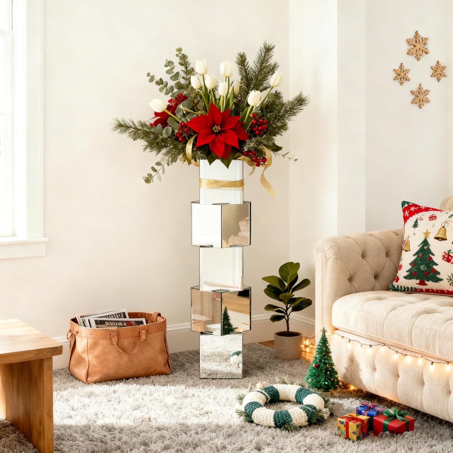 Silver Mirror Floor Vase, Square Glass Tall Vases for Decor Living Room Floor, Featuring a Bold Geometric Stacked Design, 27 inch Tall