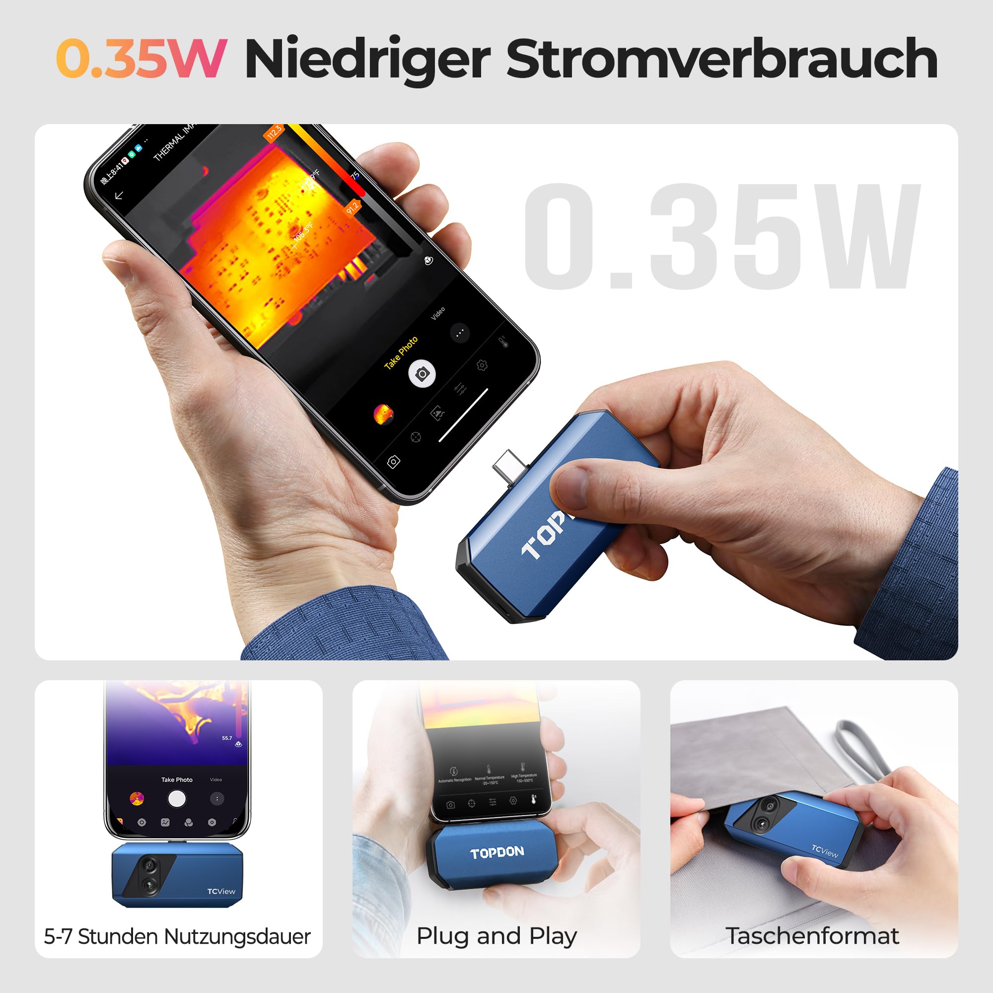TOPDON TC001 Plus Wärmebildkamera Android, 512x384 TISR-Auflösung mit Visueller Kamera, –20°C~550°C Temperaturbereich, 25Hz Bildfrequenz, Dual-Objektiv Wärmebildkameras für Smartphone,Tablet und PC